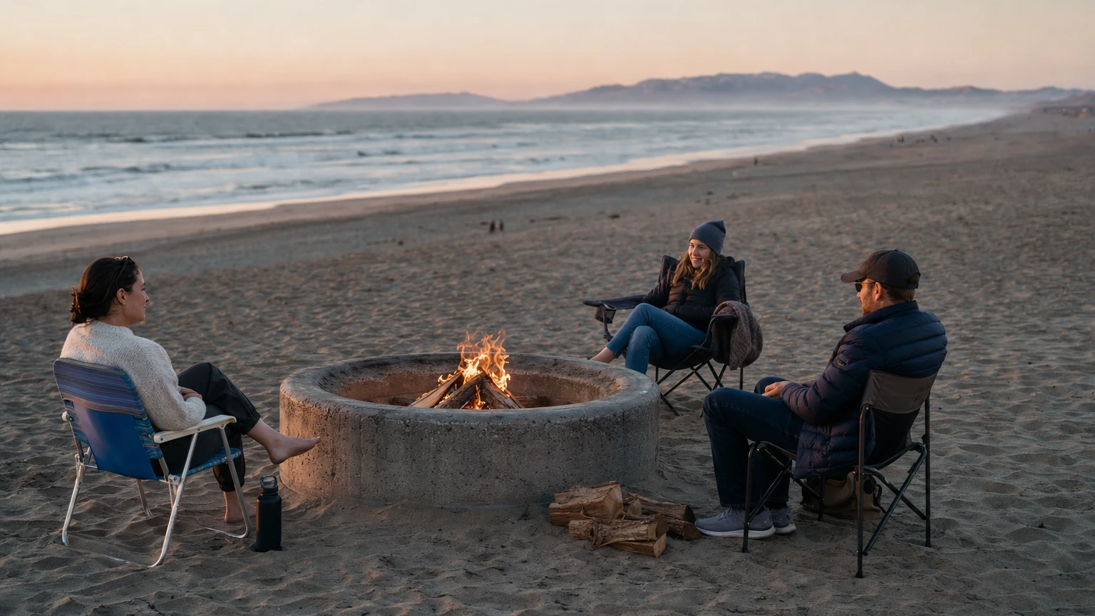 Representative Ocean Beach bonfire scene at sunset with people gathered around a fire ring.
