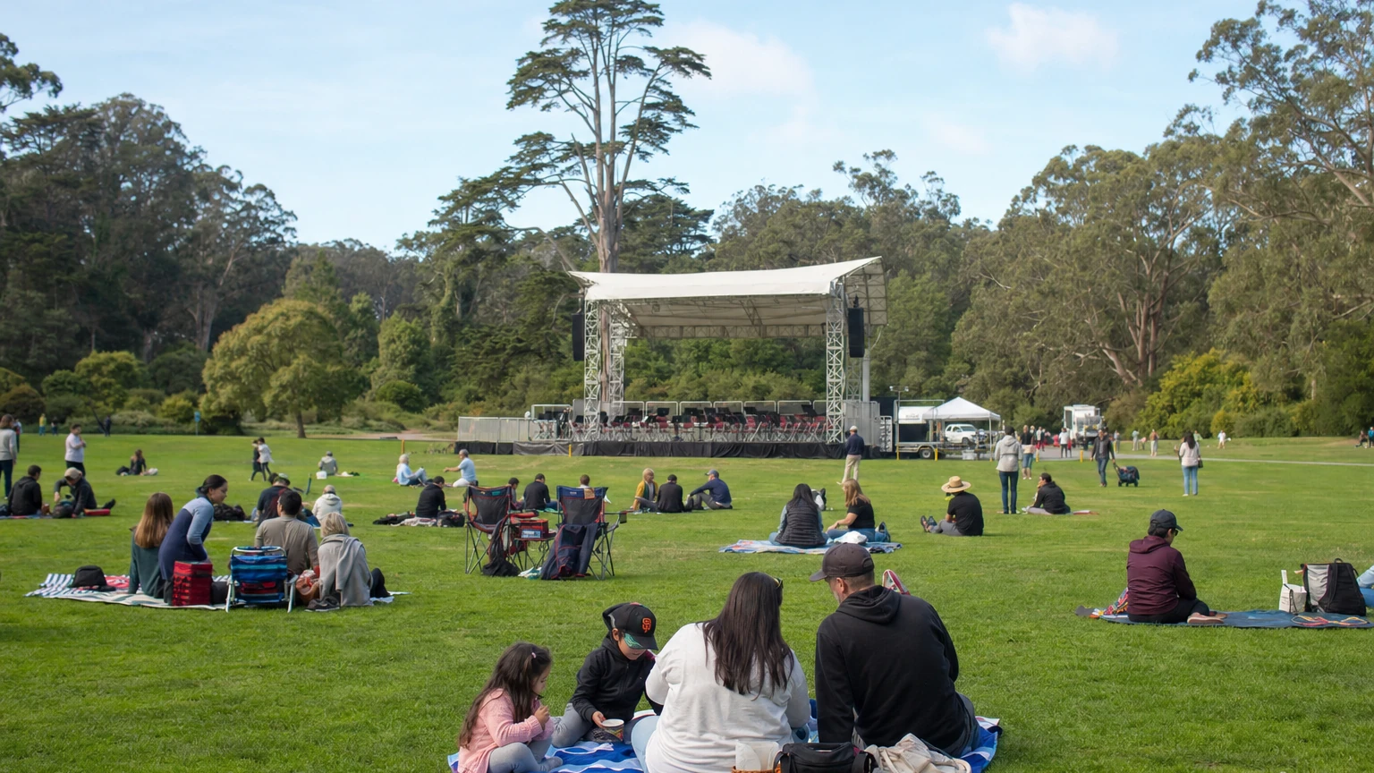 Representative illustration of a free outdoor opera concert at Robin Williams Meadow in Golden Gate Park.