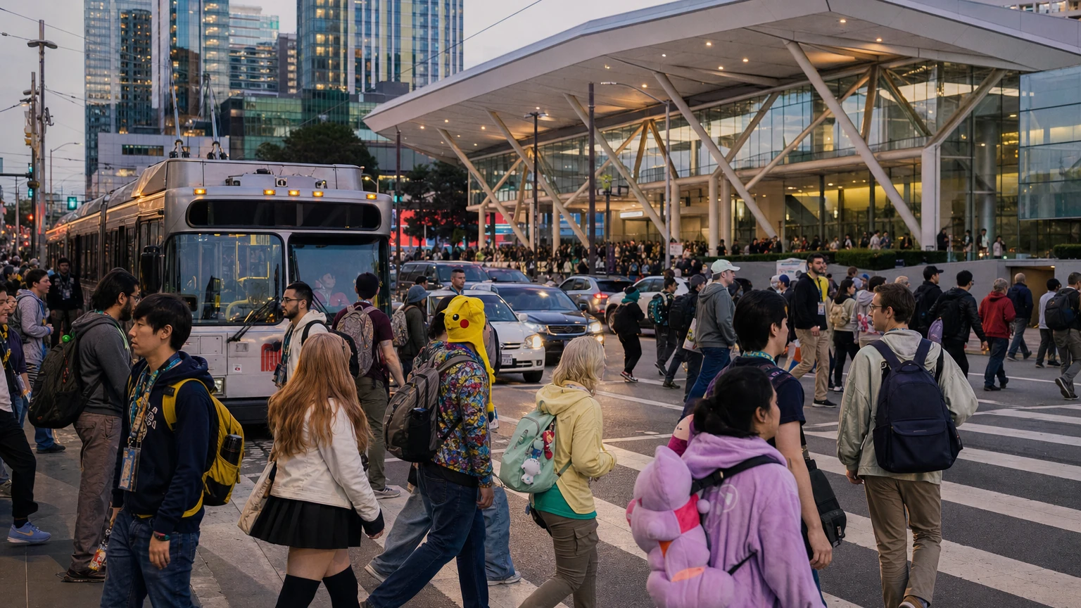 Representative evening crowd scene near a San Francisco convention district with transit and pedestrians.