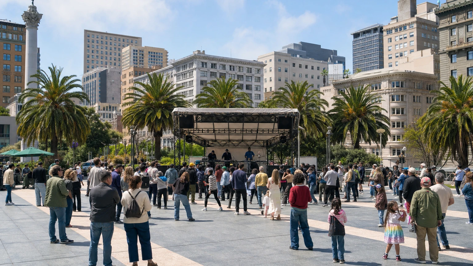 Representative editorial illustration of an afternoon outdoor dance concert in San Francisco’s Union Square.