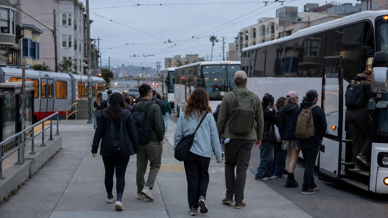 Representative editorial illustration of Portola Music Festival arrivals near Pier 80 with festivalgoers, Muni, a shuttle and street closures.