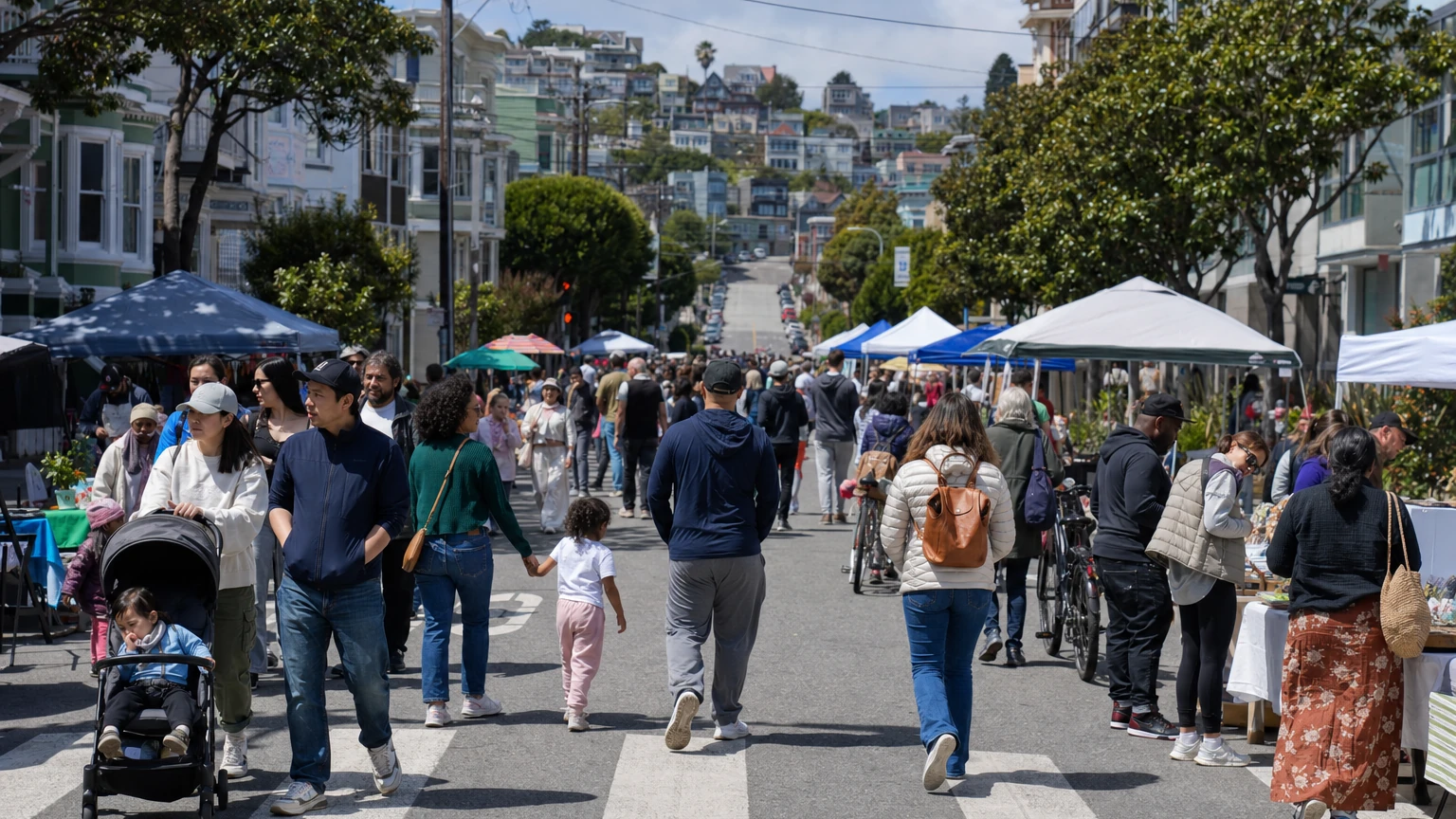 Representative editorial illustration of a neighborhood street festival on Potrero Hill with music, families and vendor tents.