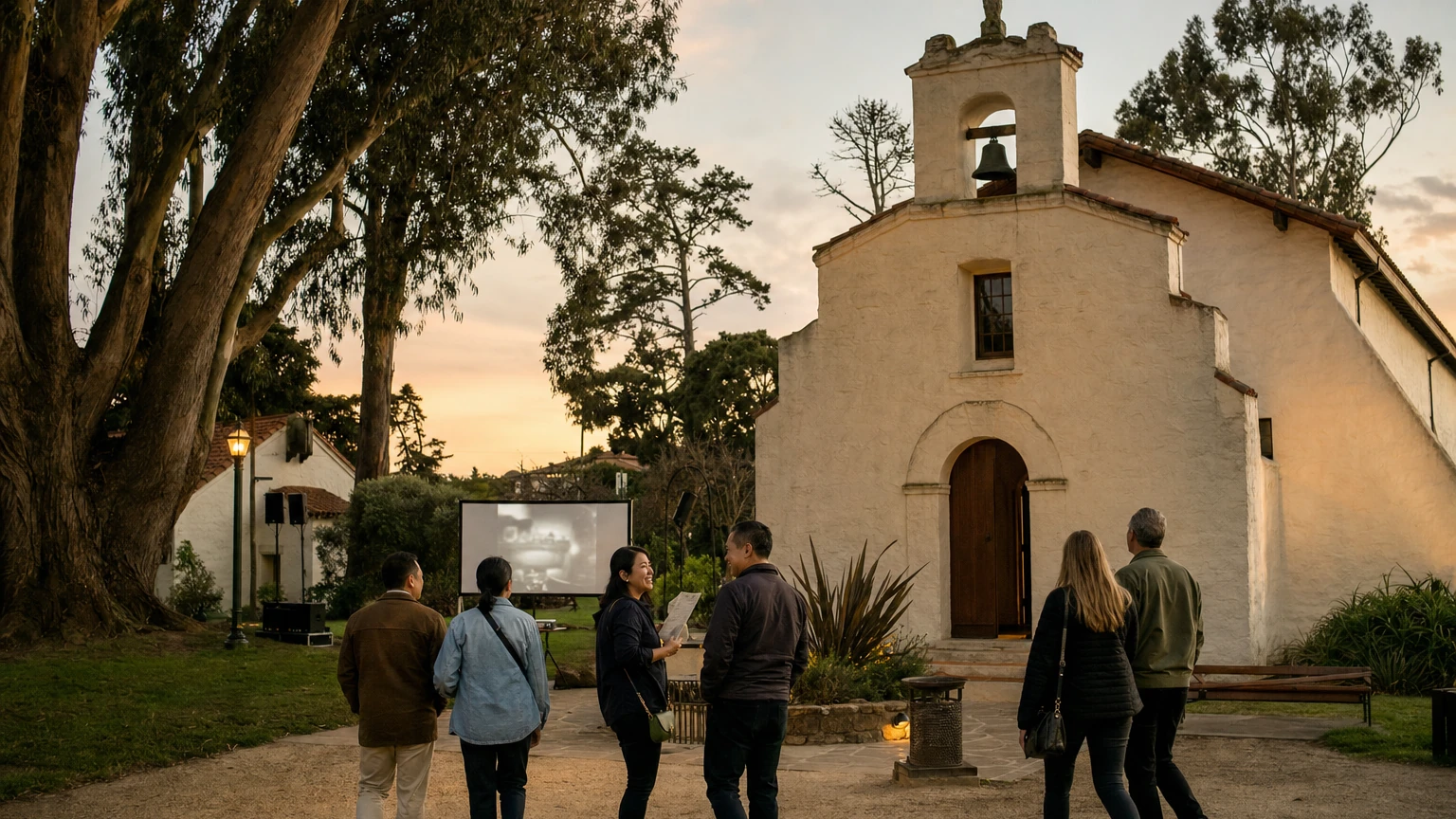 Representative editorial illustration of the Presidio Main Post and Chapel during a 250th-anniversary public program in San Francisco.