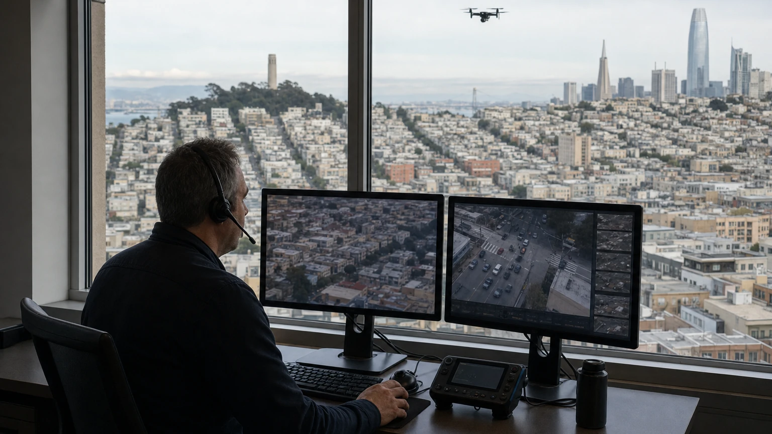 Illustrated San Francisco skyline beneath a police drone, with tracking lines and license-plate style markers representing an integrated surveillance network.