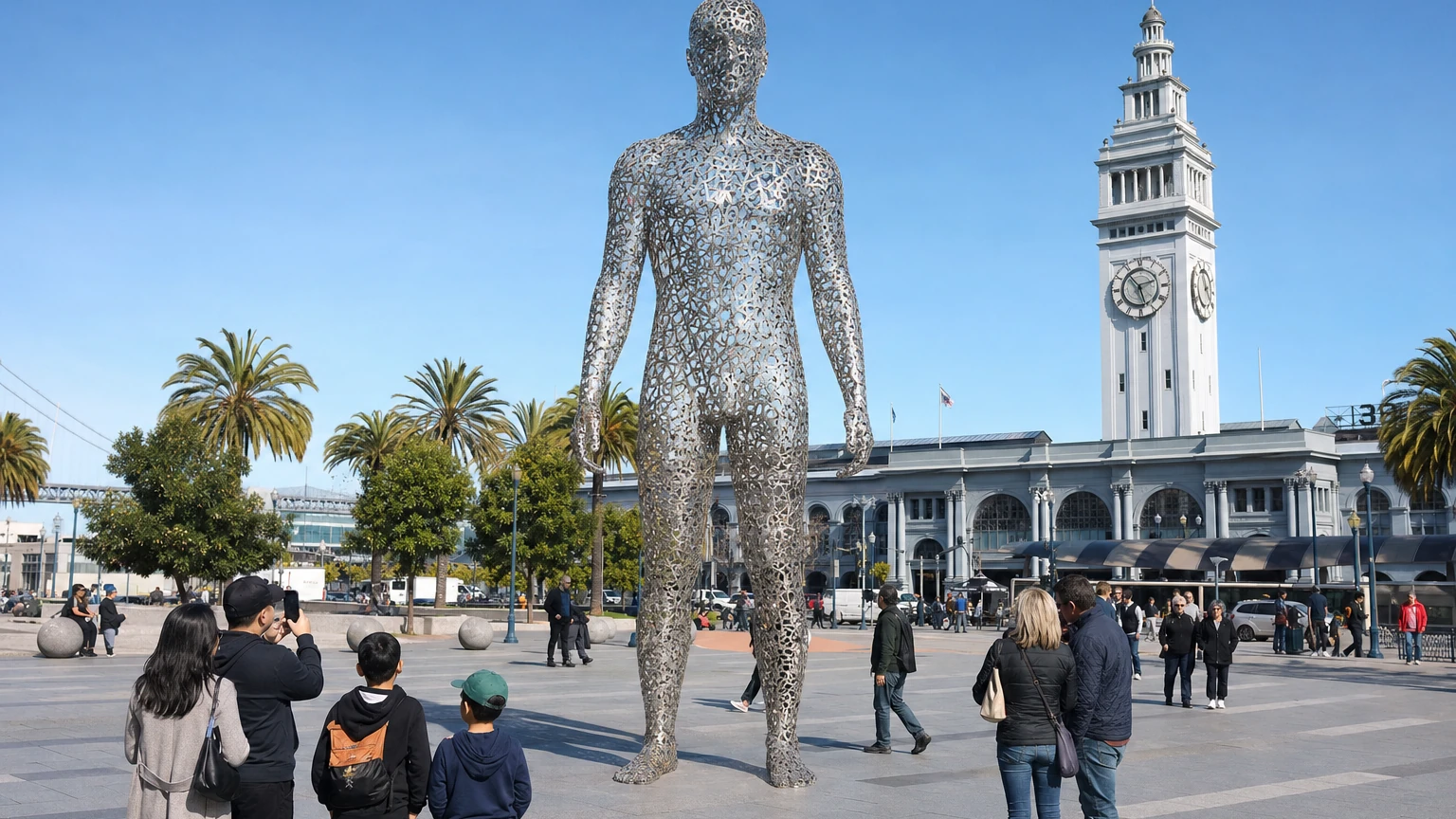 Representative editorial view of Marco Cochrane’s R-Evolution sculpture at Embarcadero Plaza with visitors gathered below it.