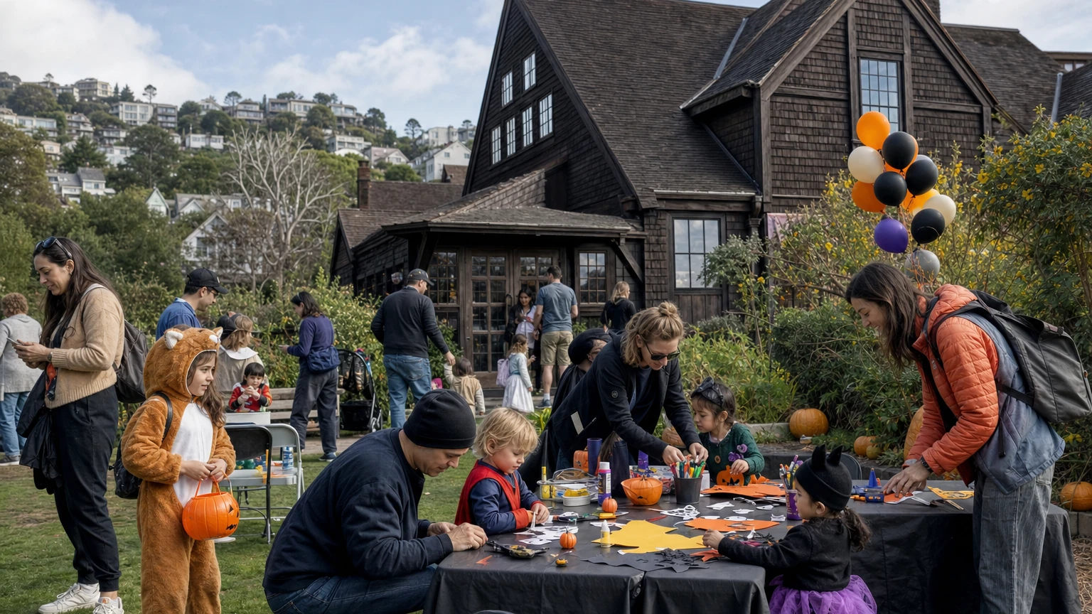 Representative editorial view of families in Halloween costumes taking part in activities at Randall Museum in San Francisco.