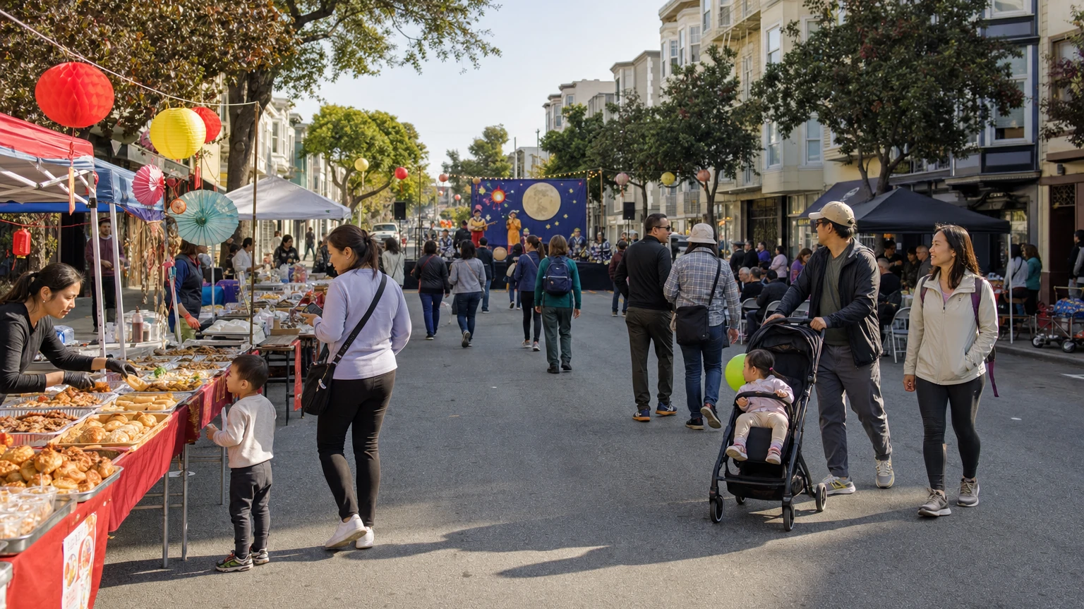 Representative illustration of a neighborhood festival on Clement Street in San Francisco’s Richmond District with lanterns and street booths.