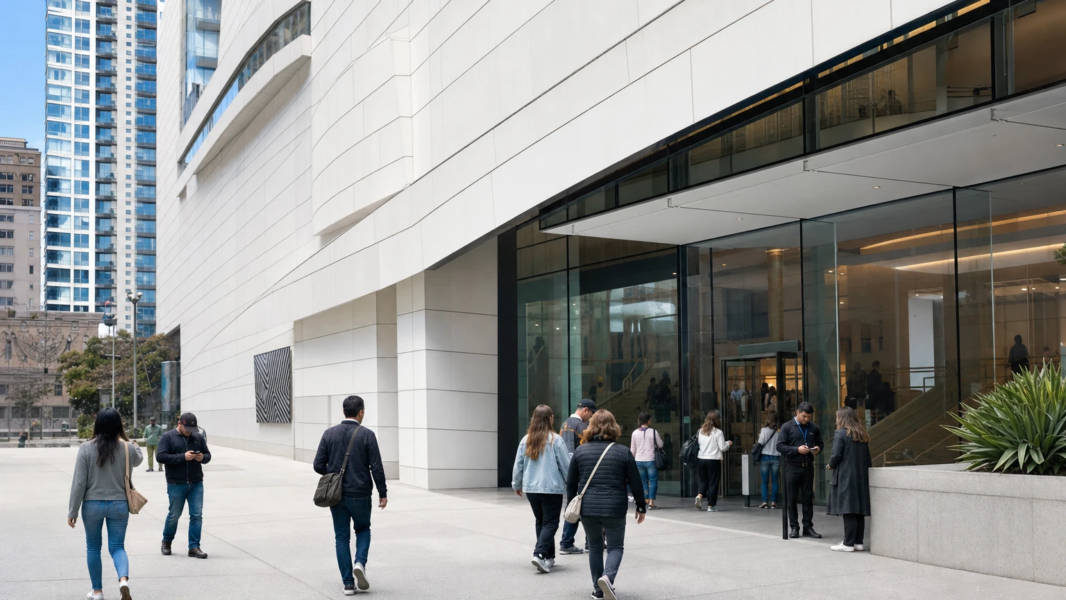 Representative editorial illustration of visitors viewing a contemporary art exhibition at SFMOMA in San Francisco.