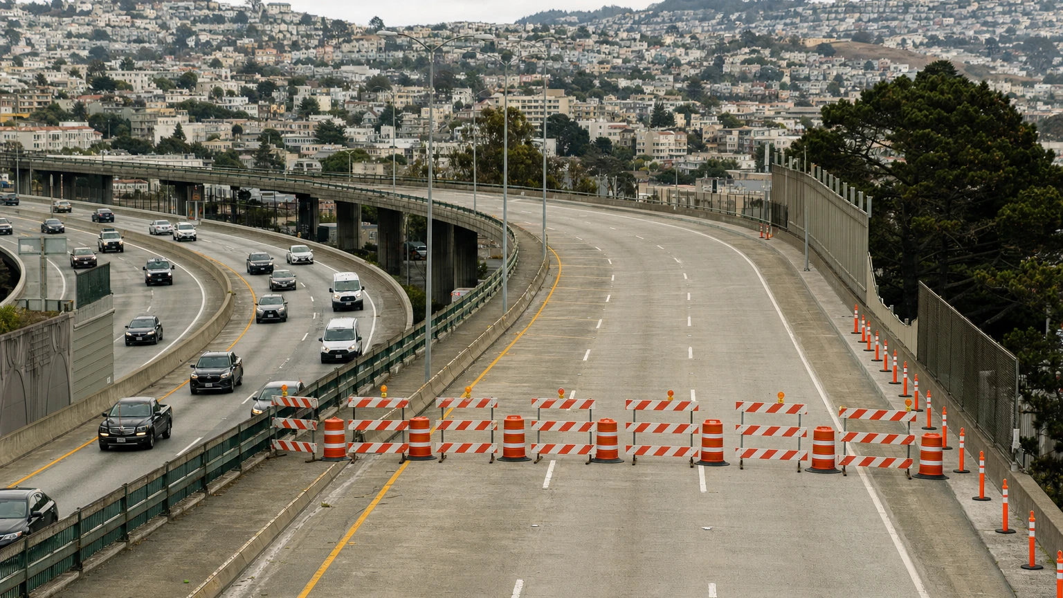 Representative editorial illustration of San Francisco freeway ramps and lane restrictions near US-101 and I-280.