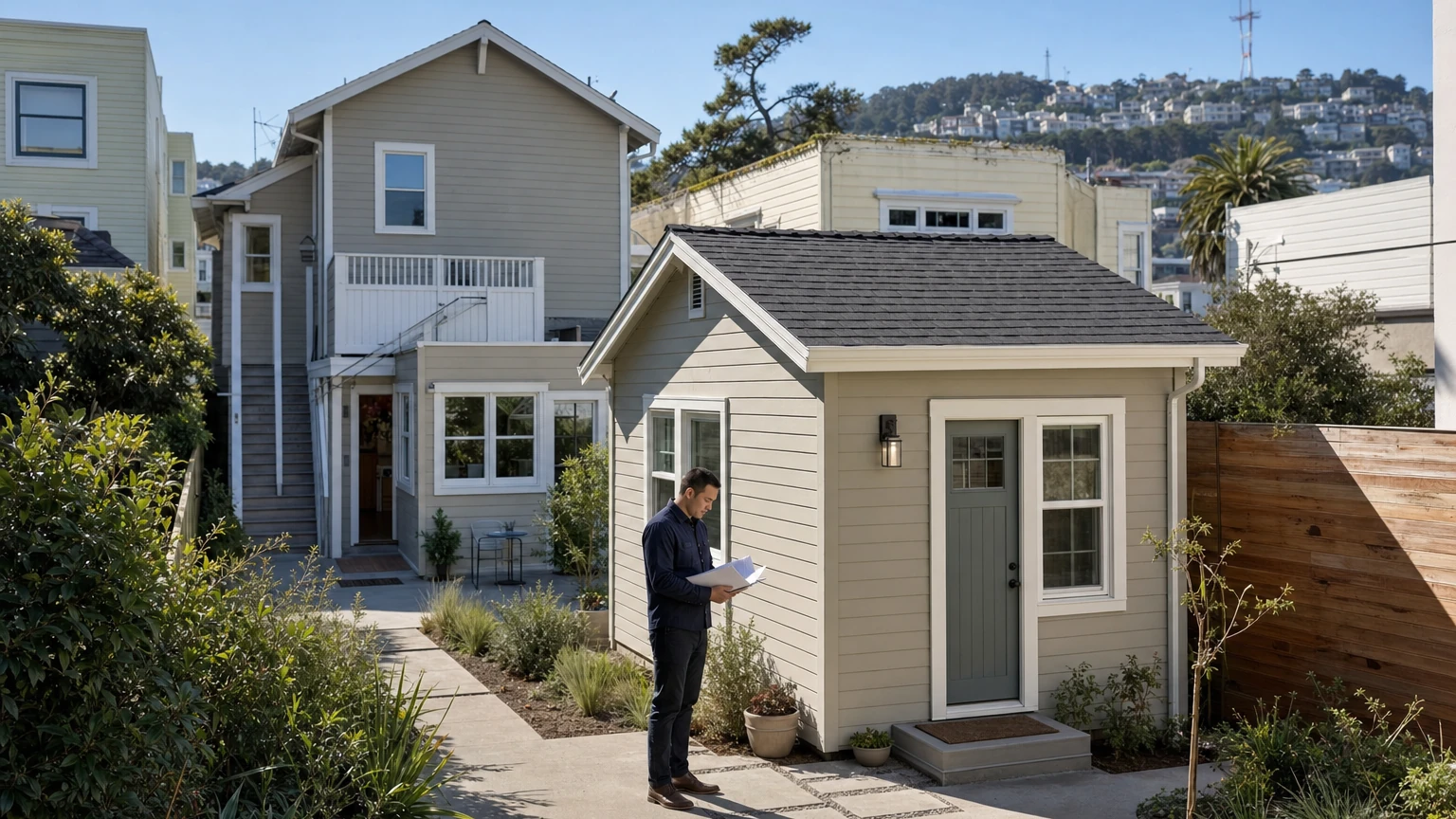 Illustrated San Francisco house with a smaller accessory dwelling unit addition.