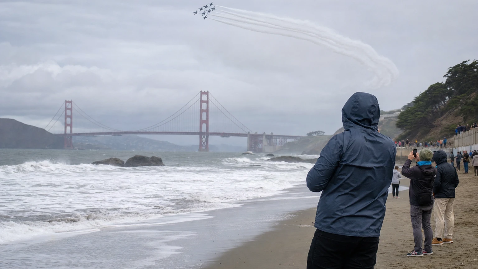 Representative editorial view of San Francisco’s ocean shoreline at high tide with rough surf, warning conditions and people keeping back from the water.