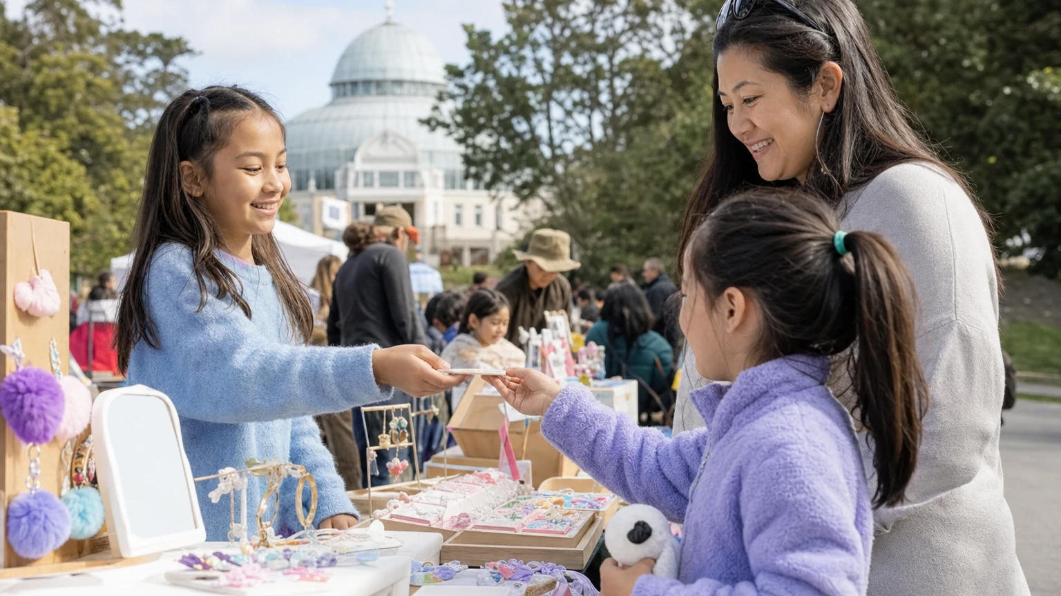 Representative editorial view of a family market in Golden Gate Park with children running colorful small-business booths and visitors shopping.
