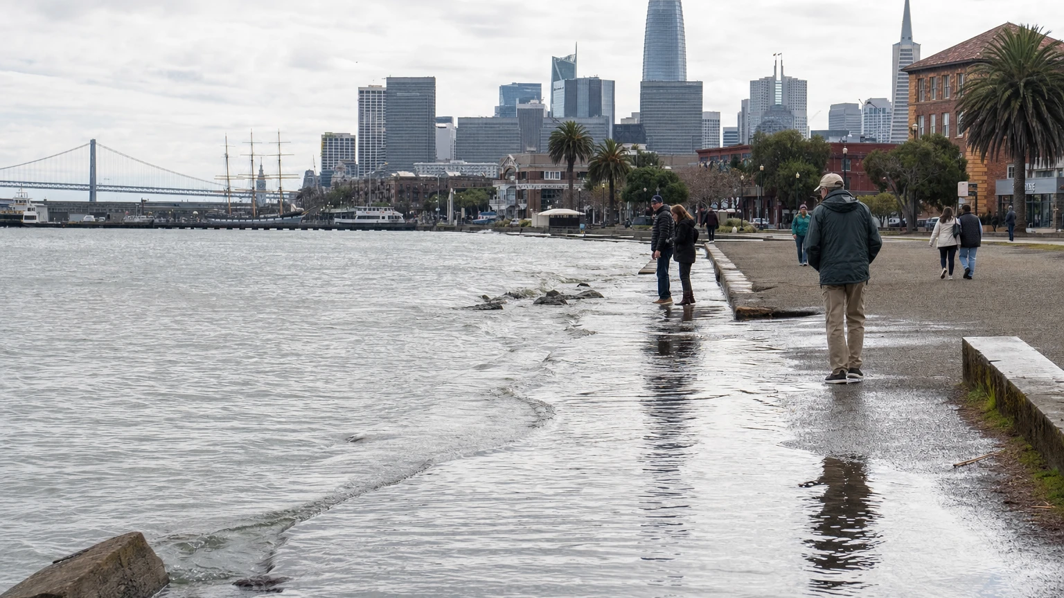 Representative editorial view of unusually high water along San Francisco Bay with the waterfront and city skyline in the distance.