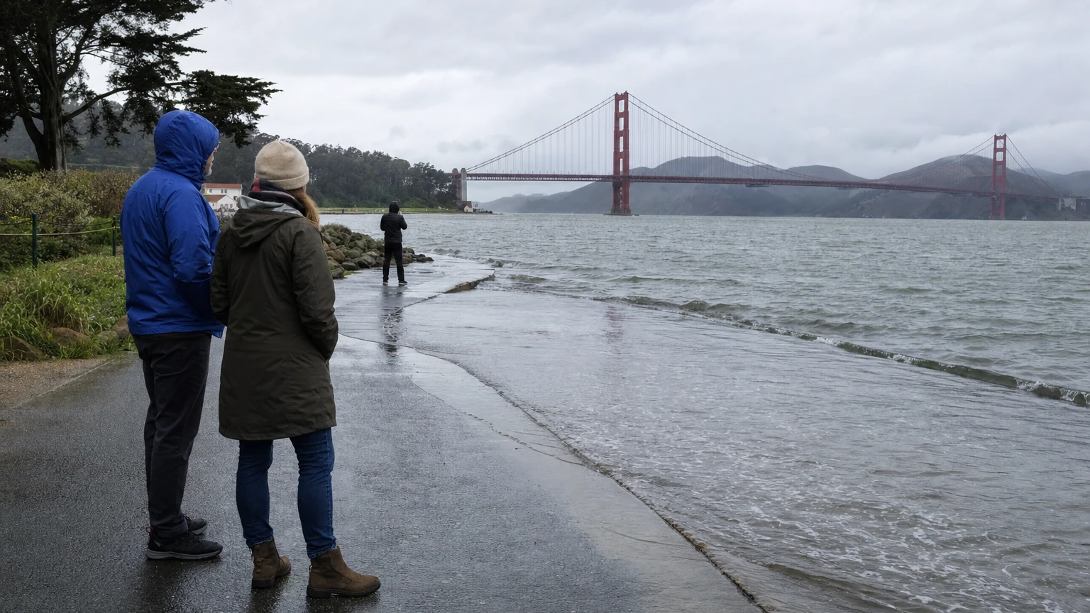 Representative editorial view of high water along San Francisco Bay; not a photograph of the Oct. 24–29, 2026 coastal flooding.