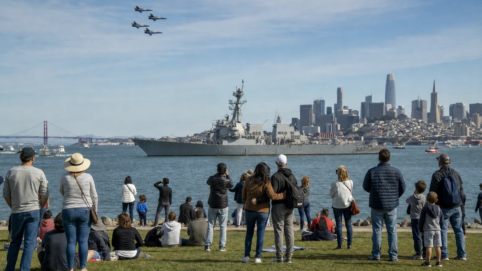 Representative editorial image of Blue Angels aircraft over San Francisco Bay during Fleet Week with the Golden Gate Bridge and waterfront crowd.