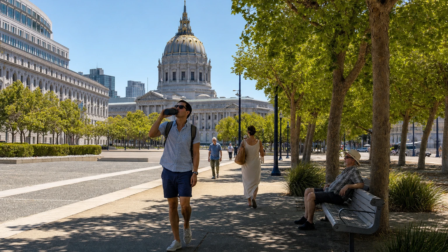 Representative editorial illustration of a hot sunny day in San Francisco with people seeking shade and the city skyline in the distance.