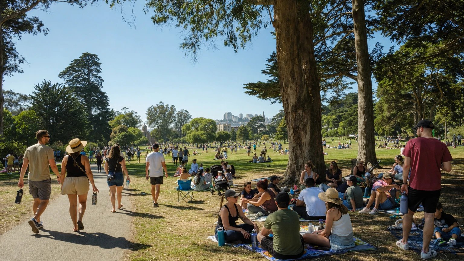 Representative editorial illustration of a hot sunny day in San Francisco with people seeking shade and the city skyline in the distance.