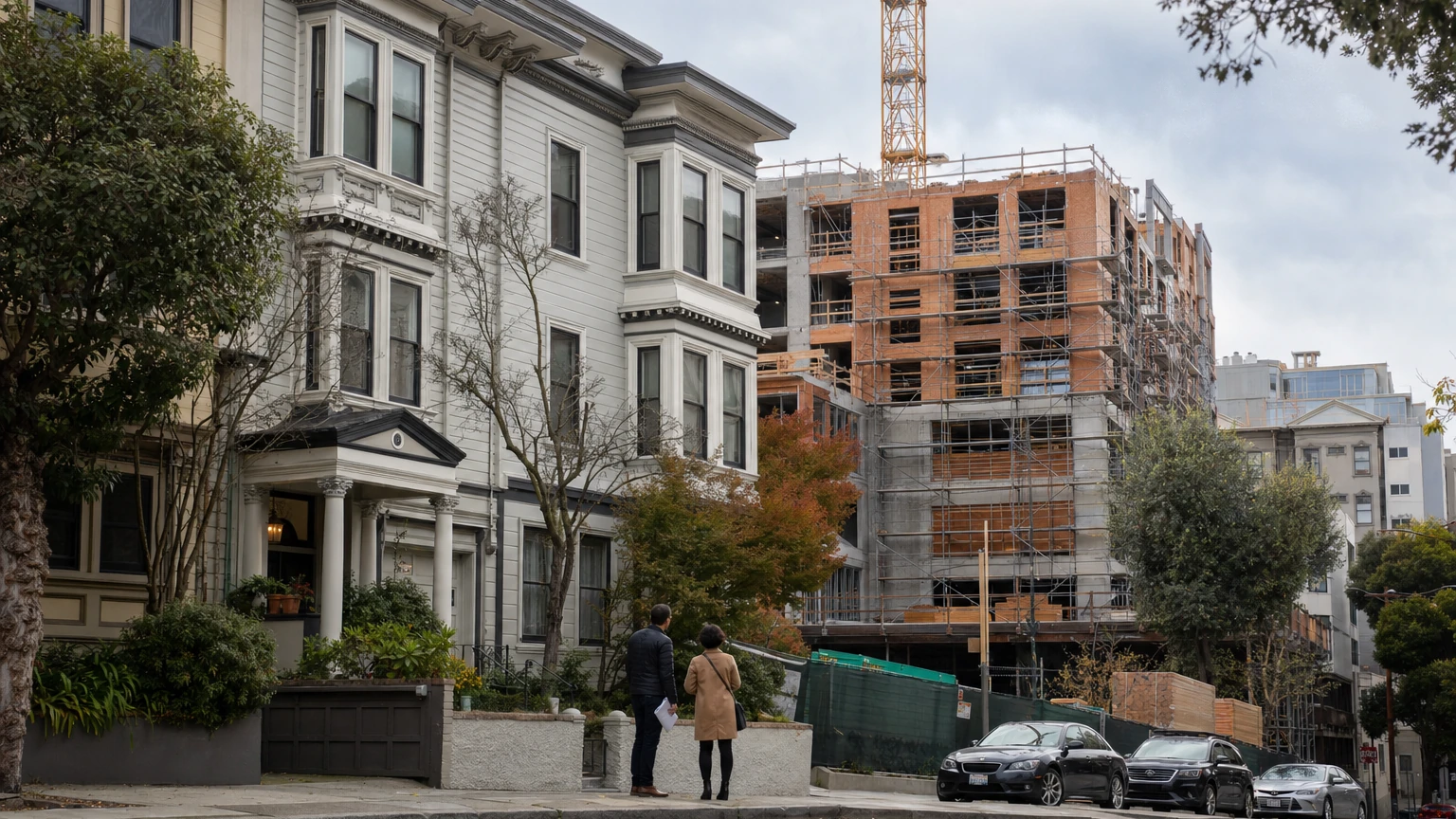 SF News Today housing data illustration showing San Francisco’s 74,888-unit housing pipeline, 37,577 units in major multi-phase projects, and the unknown parcel-level overlap with future historic designations.