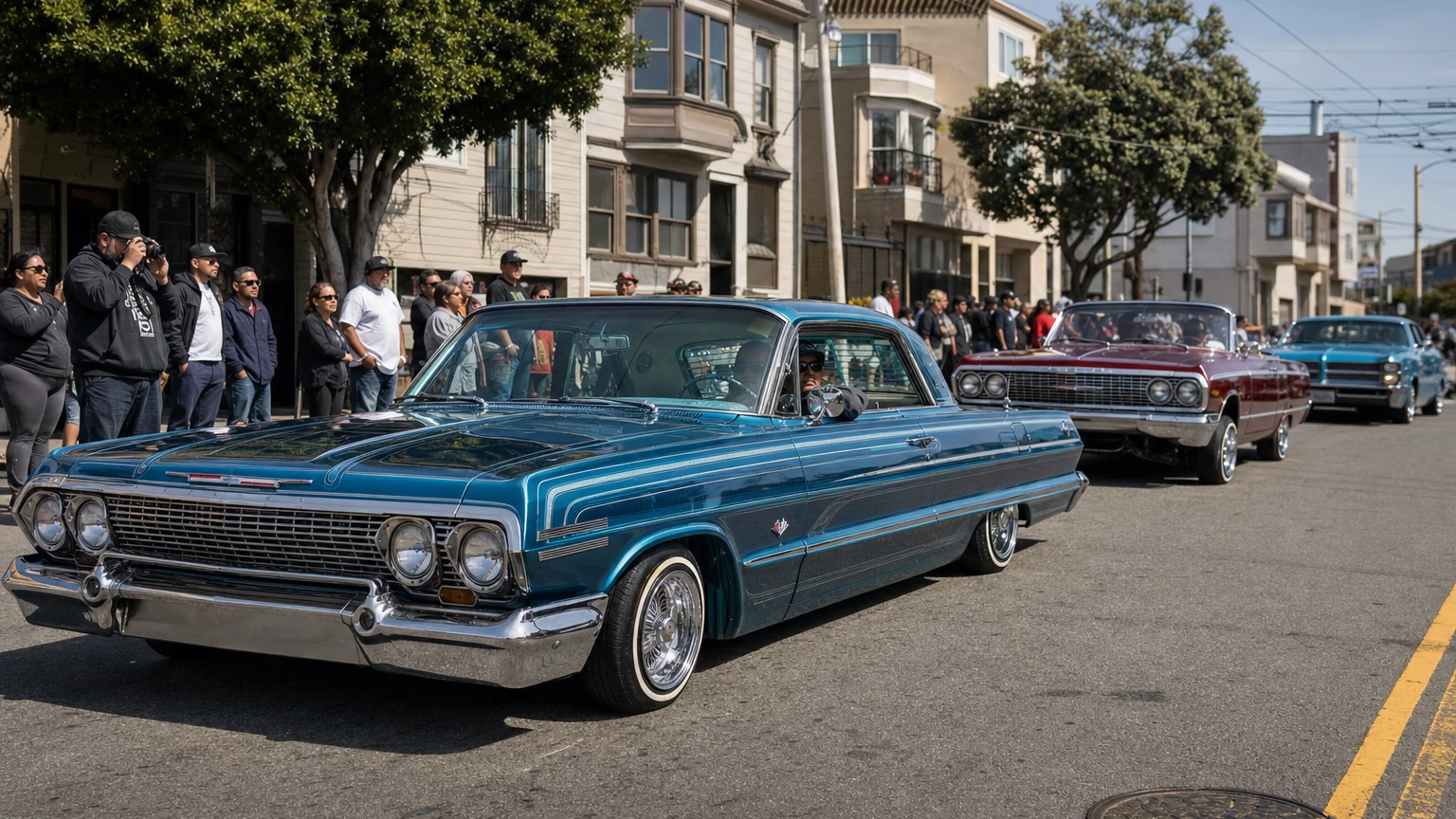 Representative illustration of colorful lowriders lined along Mission Street in San Francisco with spectators on the sidewalks.