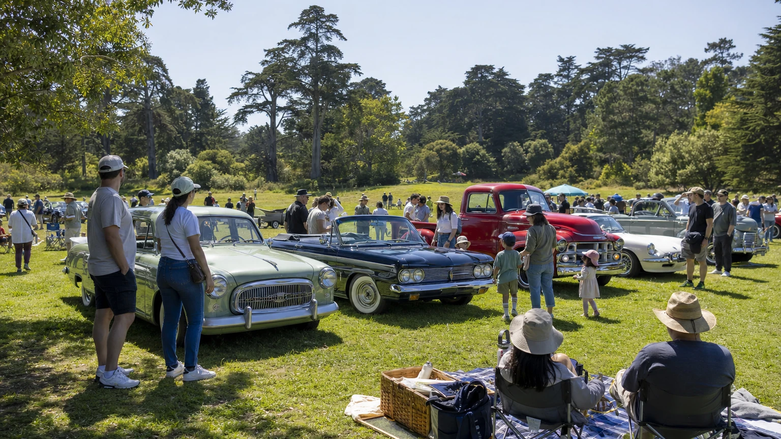 Representative editorial illustration of vintage cars gathered on the grass at Hellman Hollow in Golden Gate Park for the San Francisco Old Car Picnic.