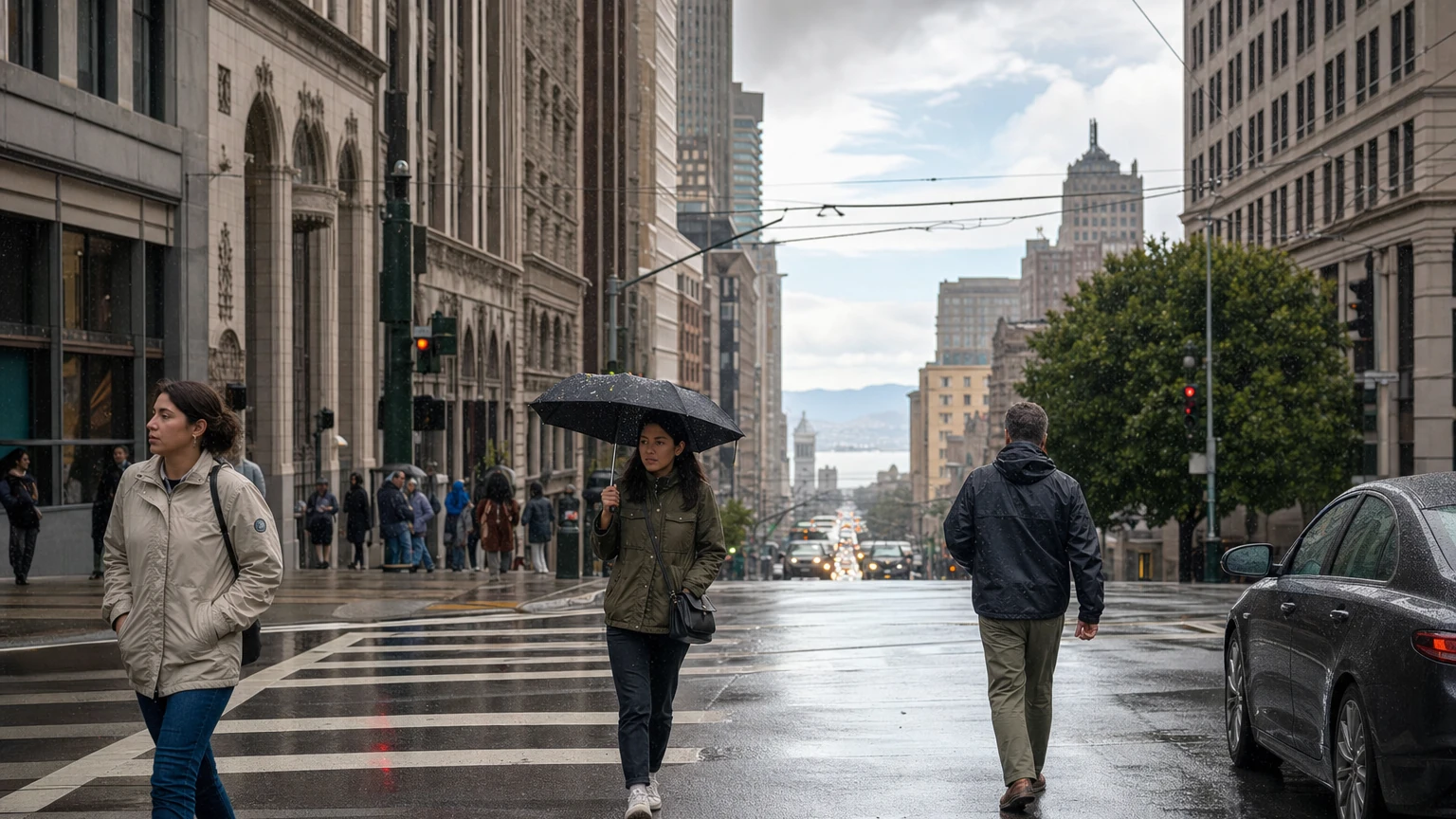 A cloudy San Francisco street scene with damp pavement and pedestrians during wet weather.