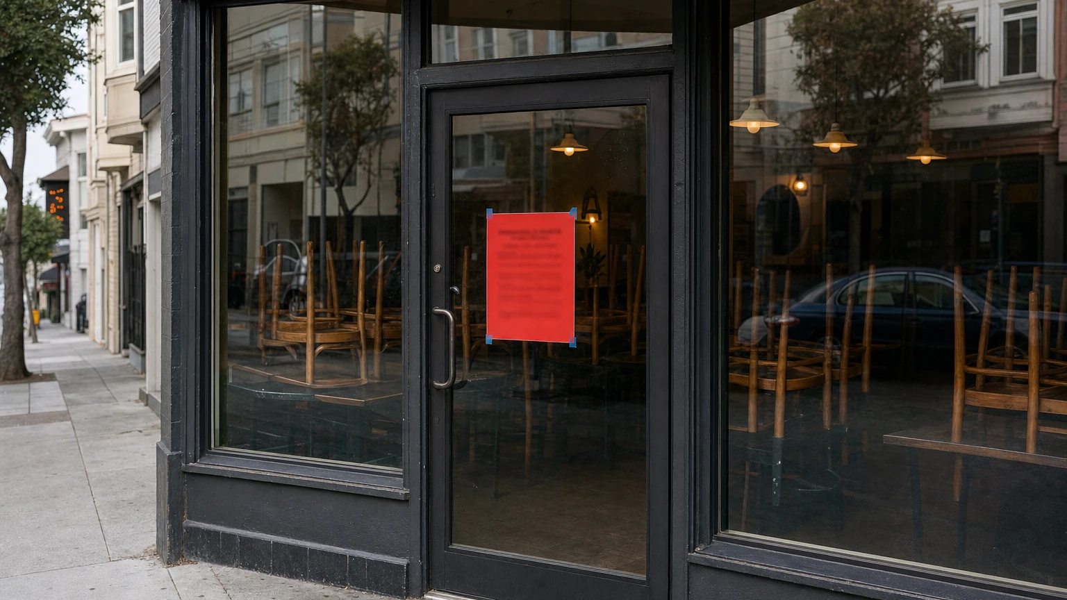 Representative closed restaurant storefront with chairs stacked inside.