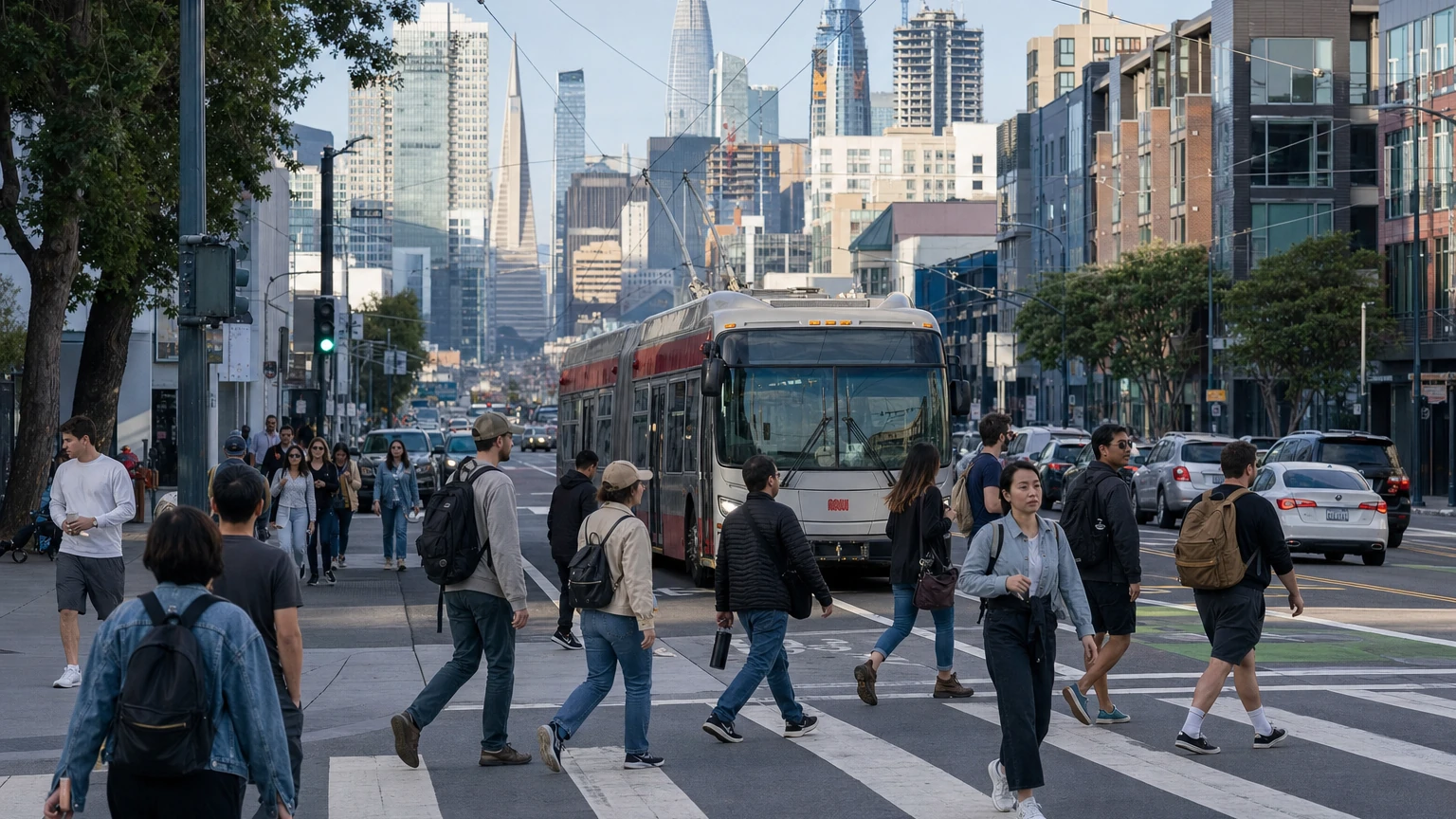 Representative editorial illustration of a crowded San Francisco event day linking SoMa, Oracle Park and Pier 80 with transit vehicles and pedestrians.