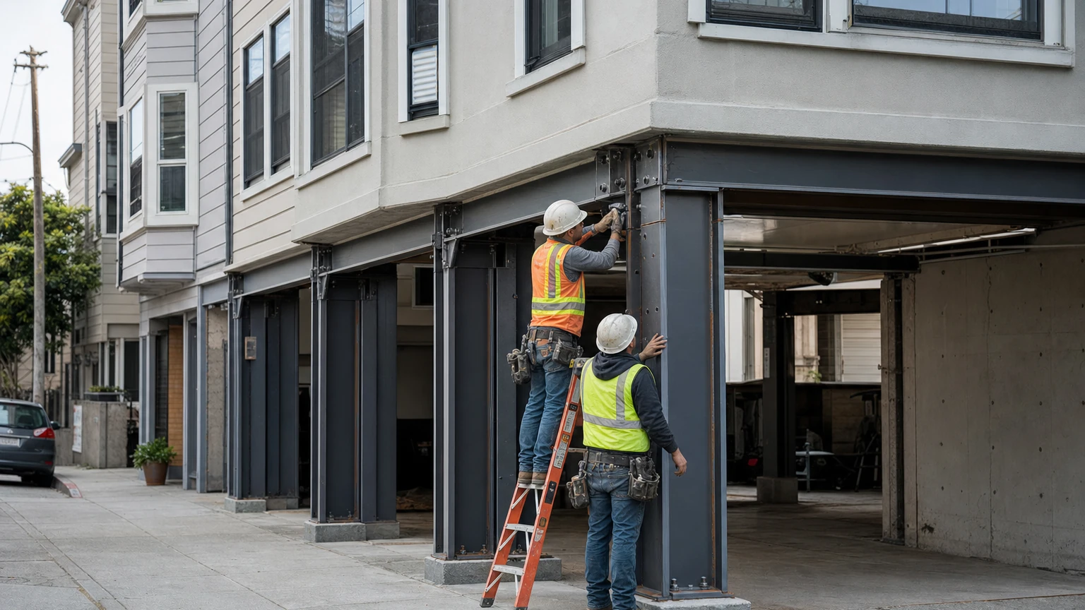 Illustrated San Francisco apartment building with structural bracing for an earthquake retrofit.