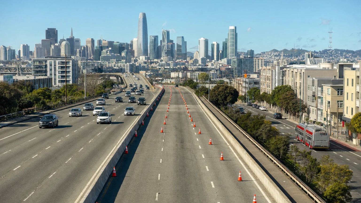 Representative editorial illustration of San Francisco freeway traffic and city street closures during a busy weekend.