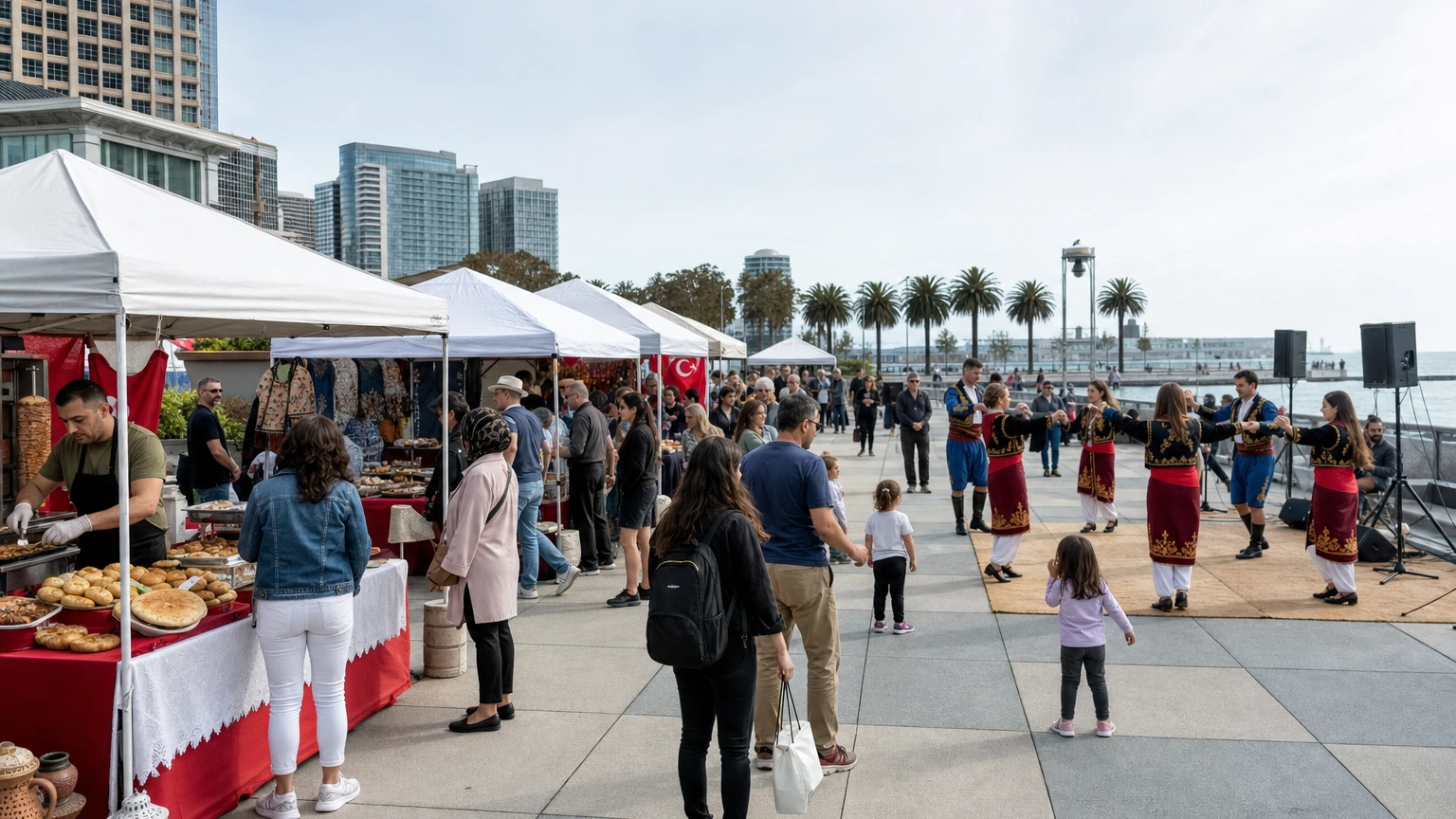 Representative editorial illustration of a Turkish cultural festival with food stalls, music and dance at Embarcadero Plaza in San Francisco.