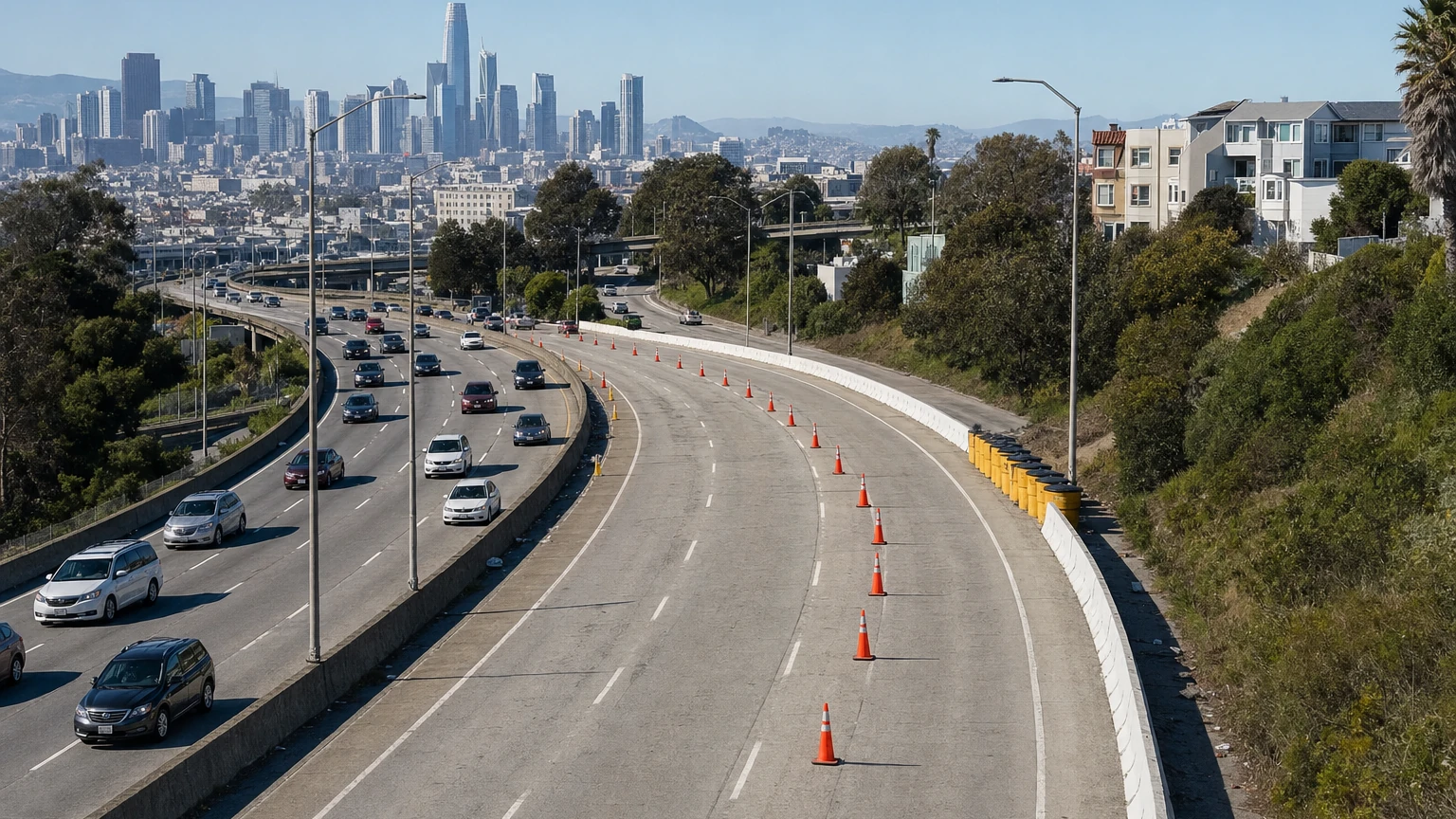 Representative editorial illustration of southbound freeway traffic approaching a San Francisco closure; not a photograph of the Nov. 6–9 work.