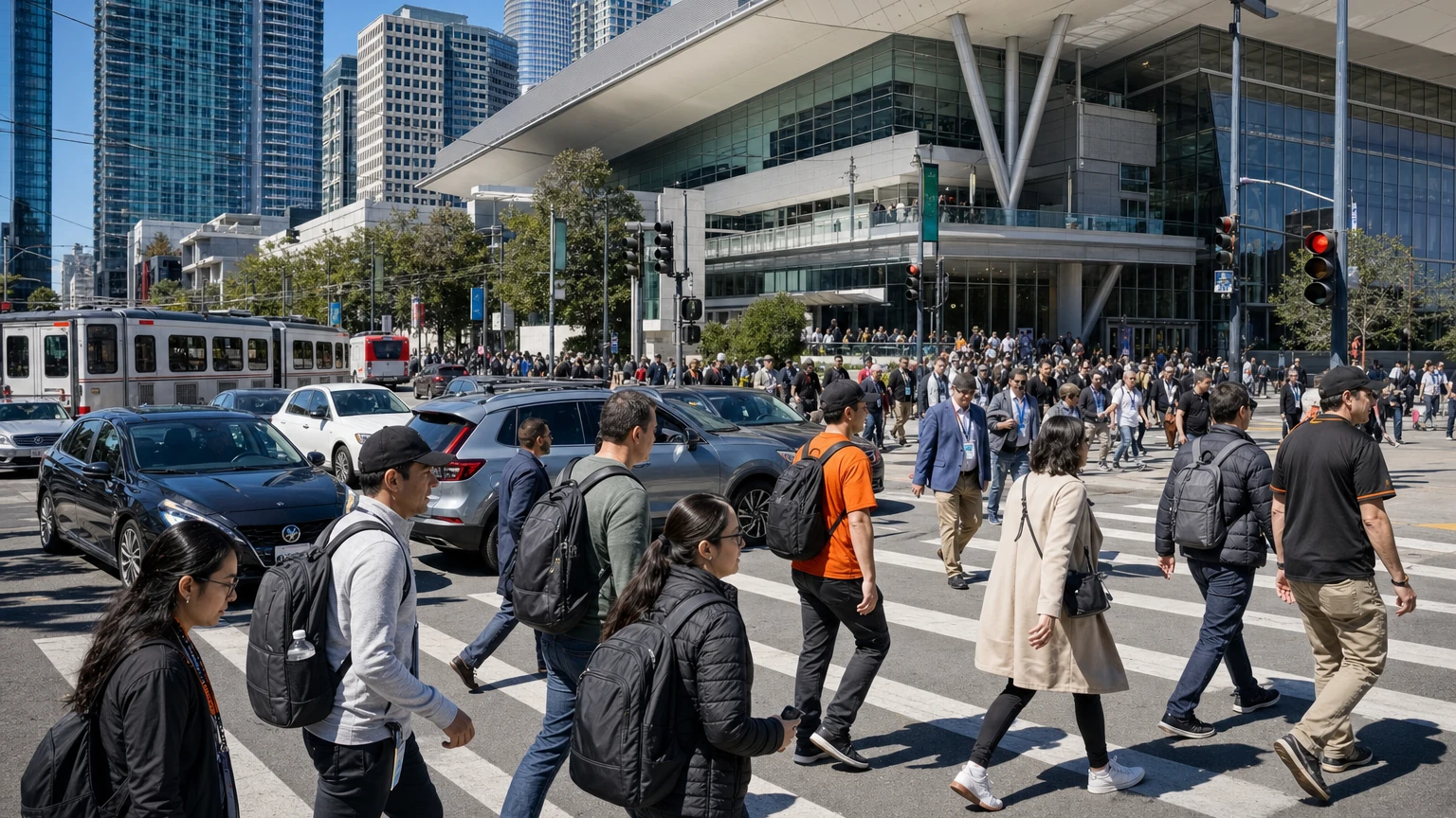 Representative evening street scene in downtown San Francisco with pedestrians during a busy weekend.