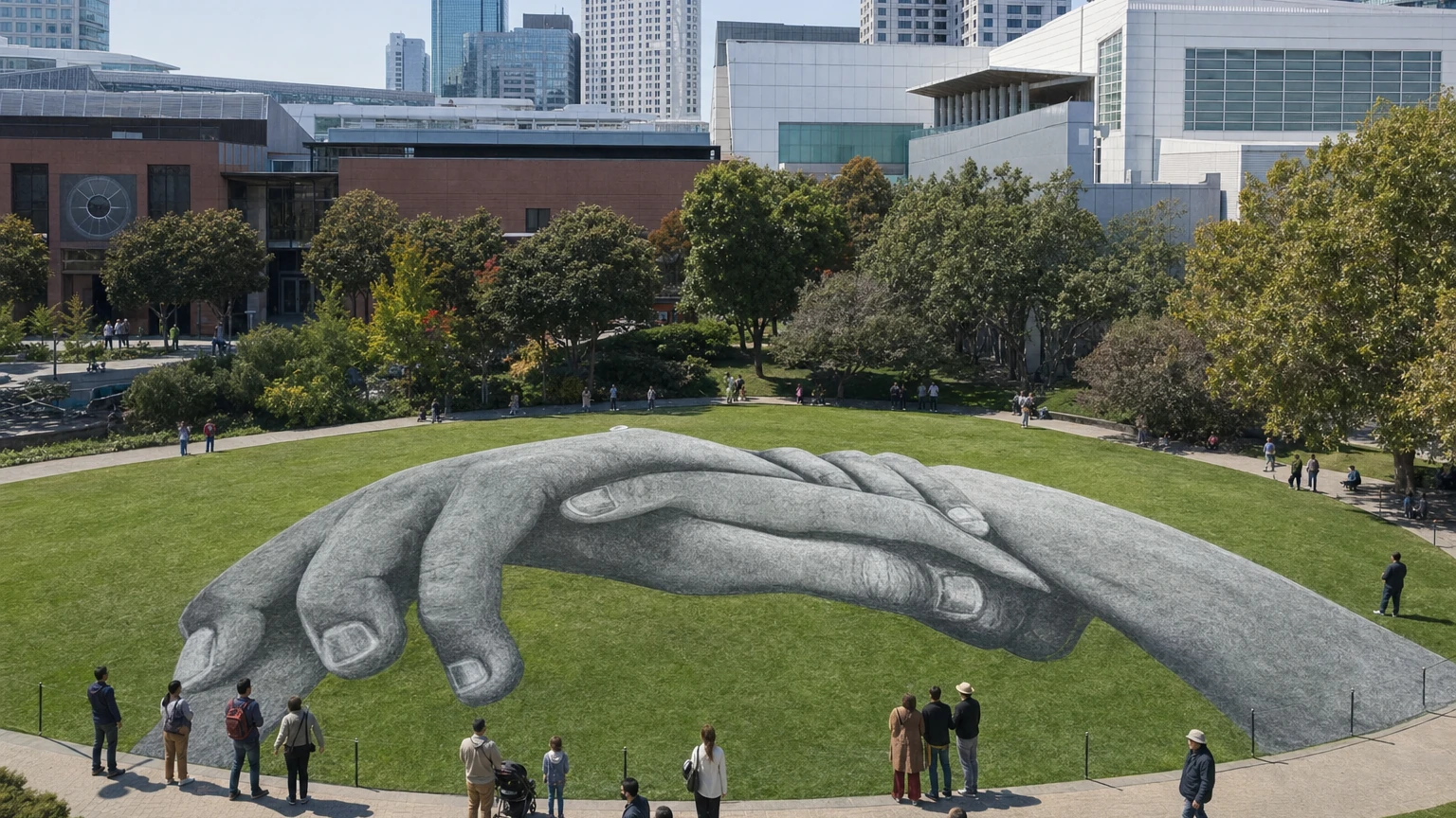 Representative editorial illustration of a giant intertwined-hands land-art fresco spreading across the Great Lawn at Yerba Buena Gardens in San Francisco.