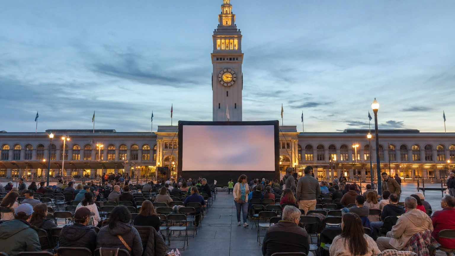Representative editorial view of an outdoor movie crowd at the San Francisco Ferry Building at dusk, with blankets and low chairs facing a screen.