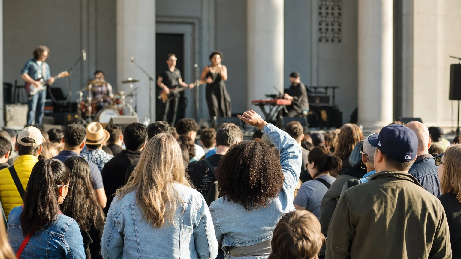 Representative editorial illustration of musicians performing across several stages at the San Francisco War Memorial during SF Music Day.