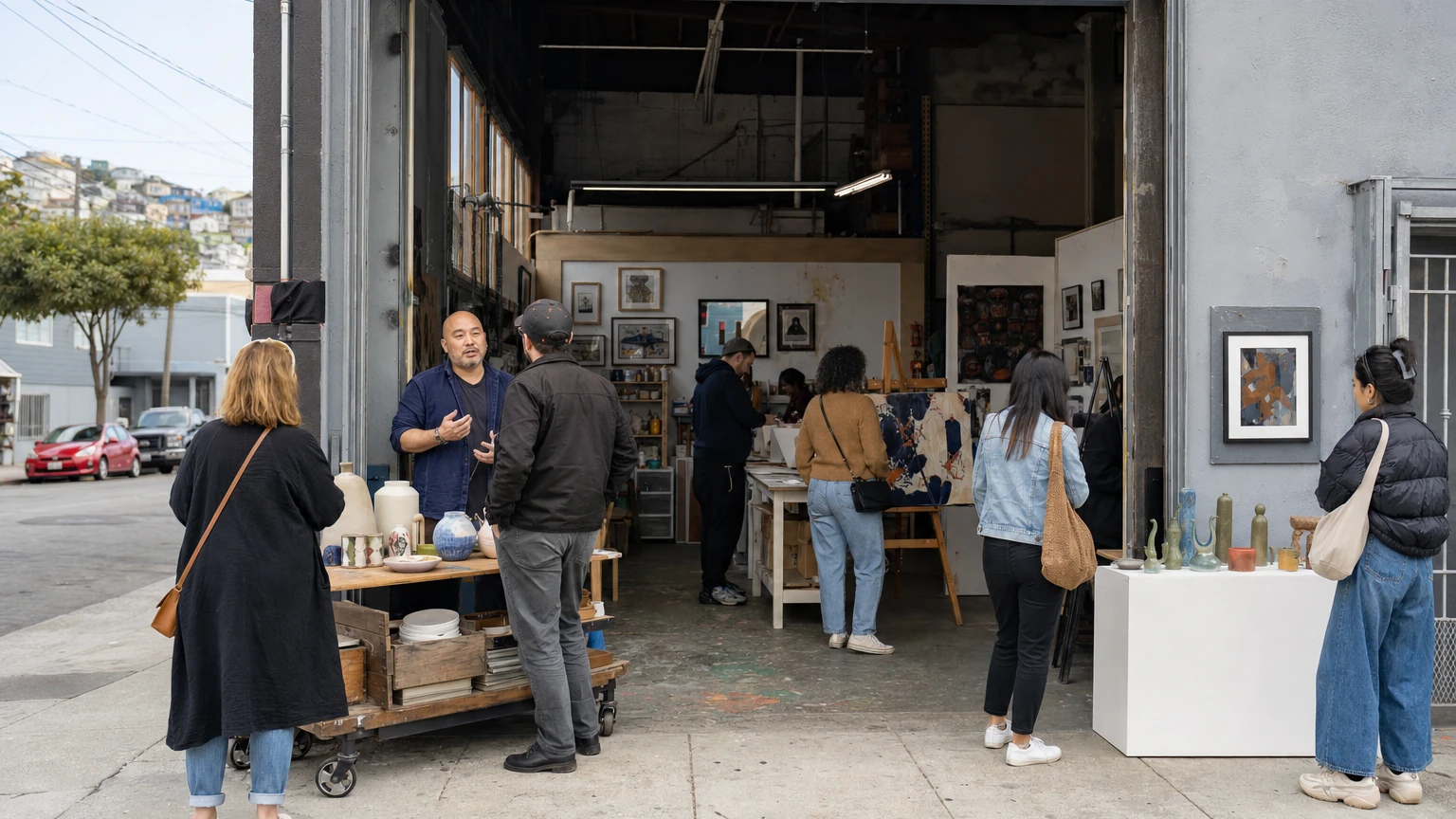Representative editorial illustration of visitors meeting artists in a San Francisco Open Studios workspace with paintings, ceramics and sculpture.