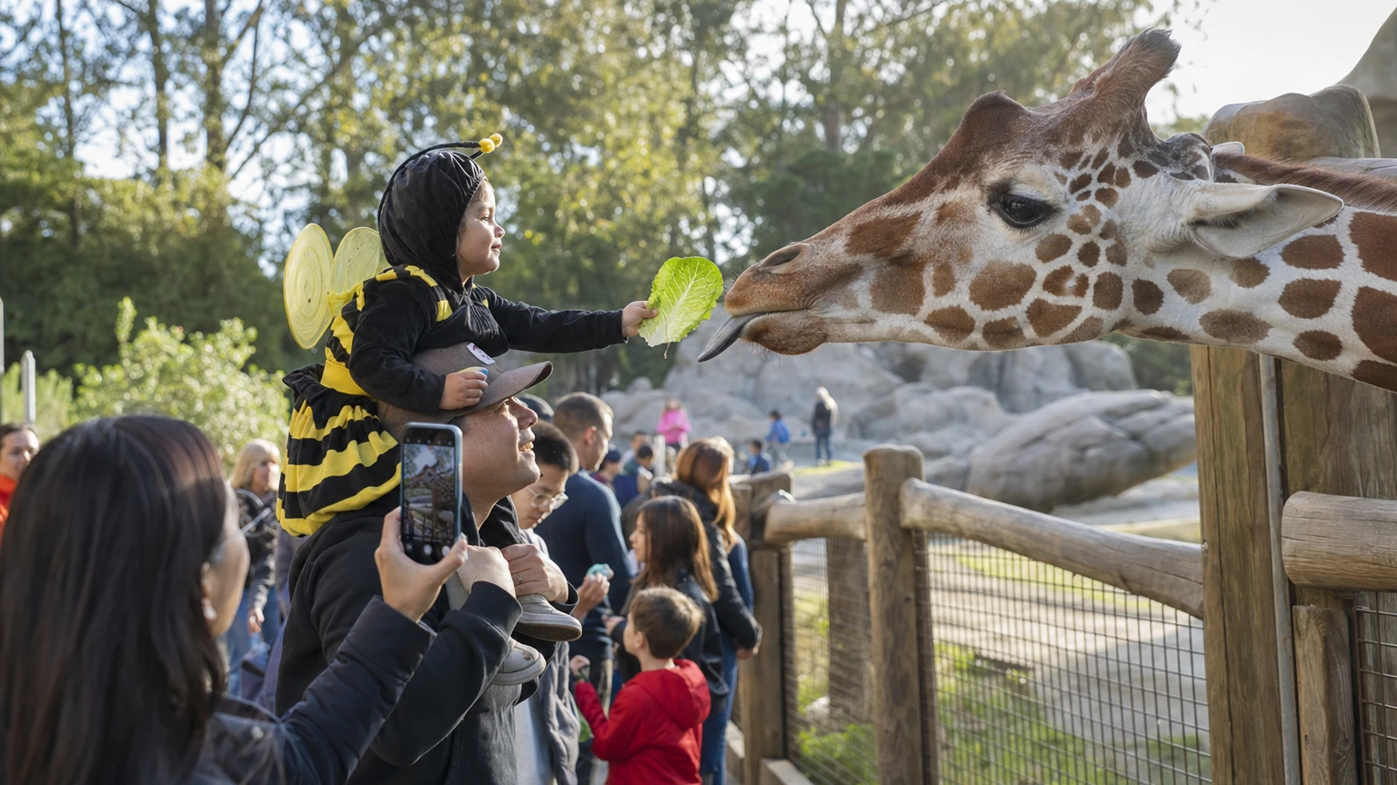 Representative editorial illustration of a family Halloween day at a city zoo; not a photograph of the 2026 Boo at the Zoo event.