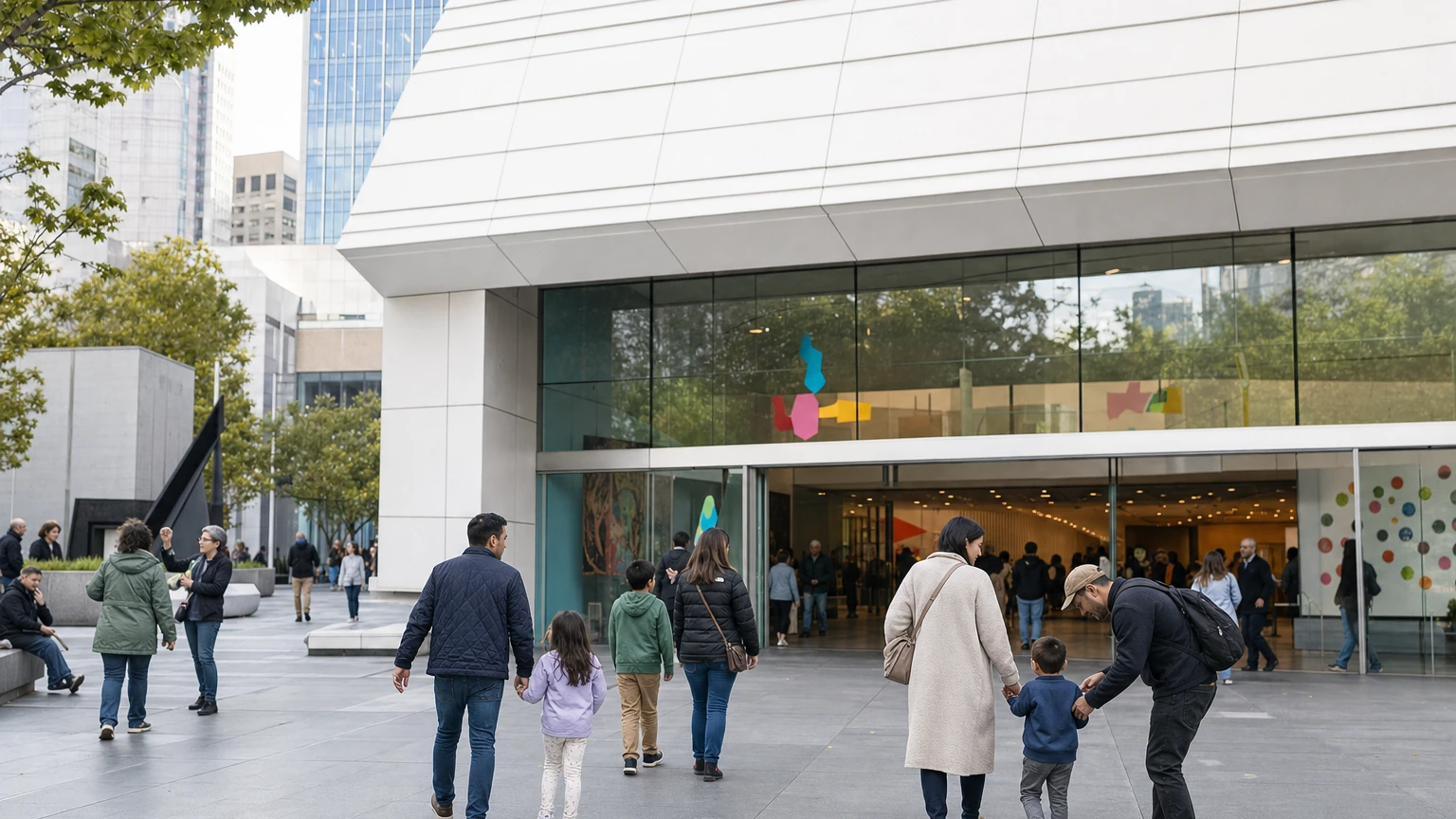 Representative editorial illustration of families taking part in art and dance activities inside SFMOMA.