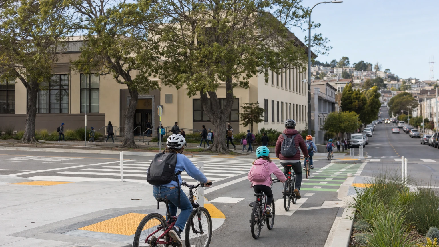 Students and adults cycling on a San Francisco neighborhood street, from SFMTA Safe School Connections board materials.