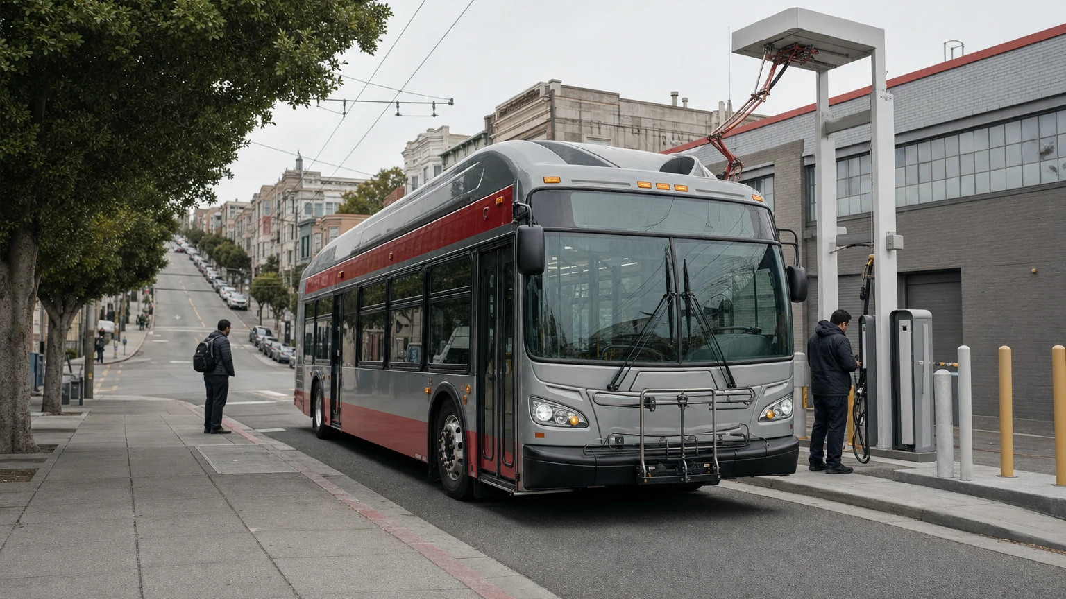 Muni riders boarding a hybrid-electric bus in San Francisco, representing the fleet choices at issue in SFMTA’s zero-emission exemption request.