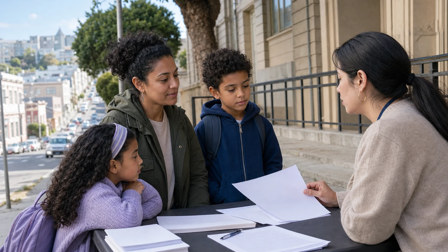 Representative San Francisco school enrollment scene with a family reviewing paperwork outside a school.