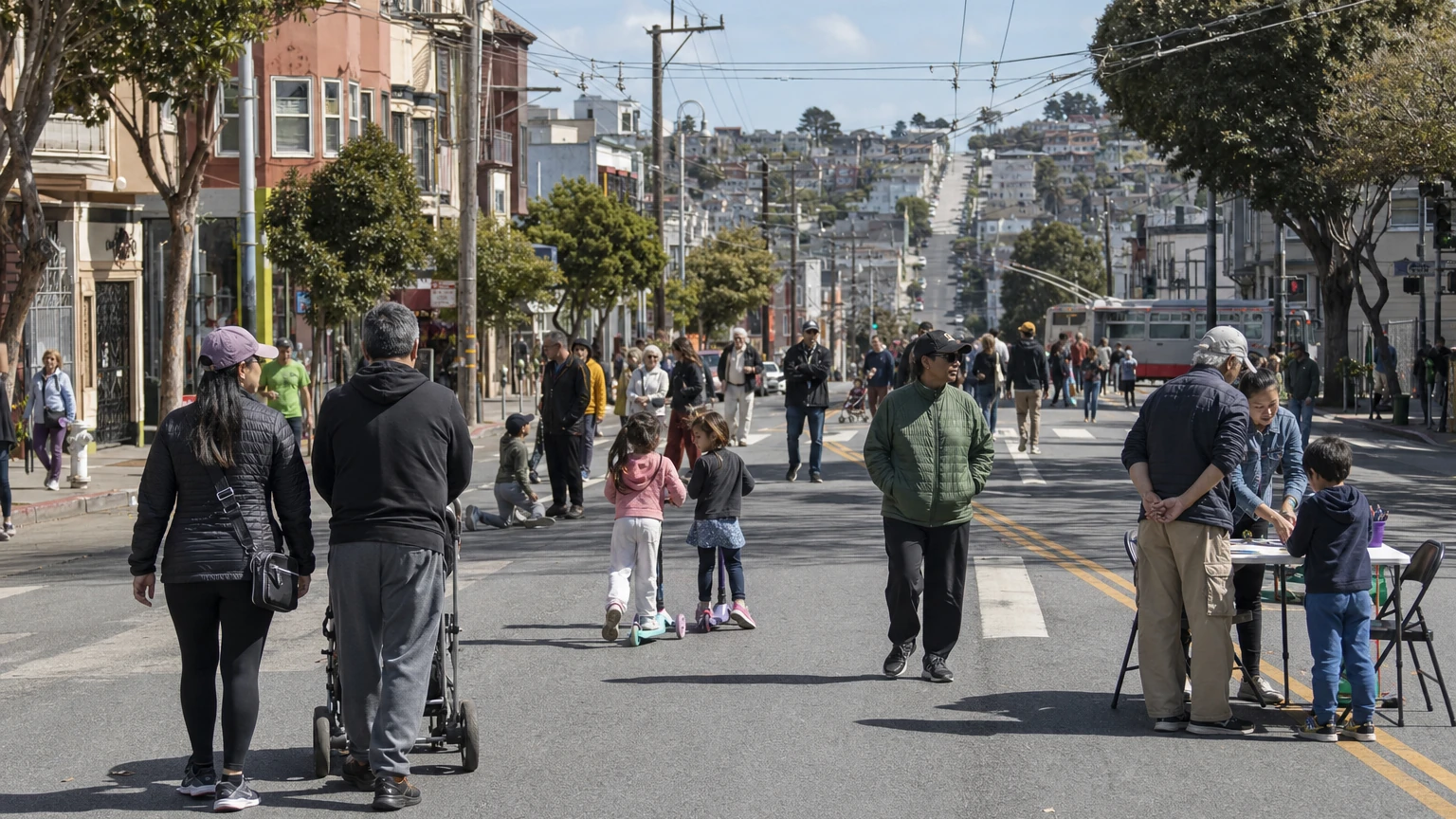 Representative editorial image of a car-free San Francisco neighborhood street with pedestrians and community activities; not a photograph of the Oct. 18 event.
