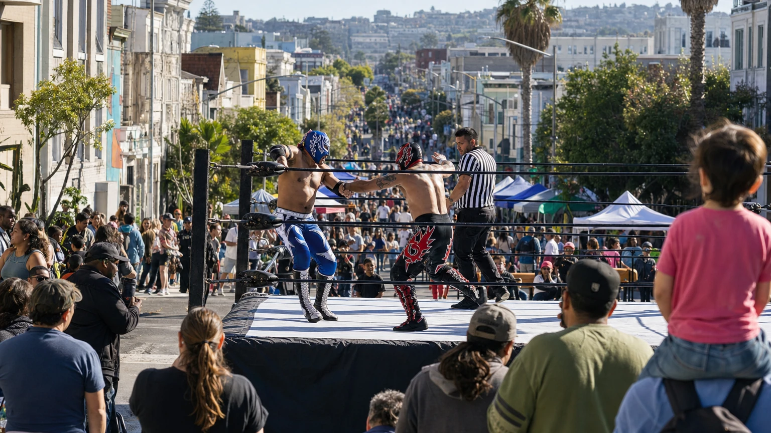 Representative editorial illustration of families walking and biking on a car-free Mission Street during a Sunday Streets neighborhood event.