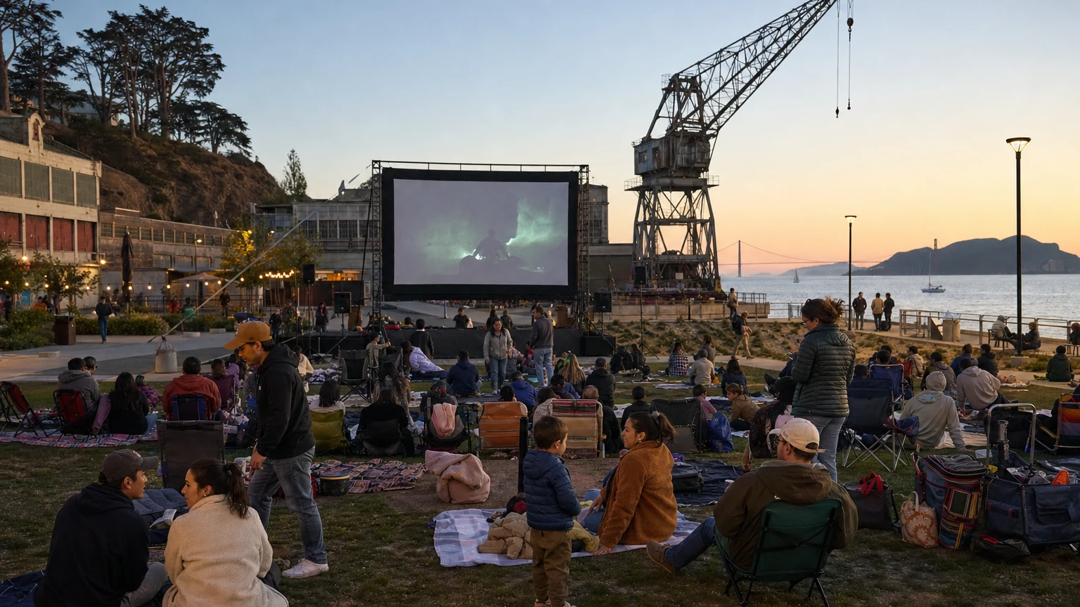 Representative editorial illustration of an outdoor movie screening on a waterfront lawn in San Francisco at sunset.