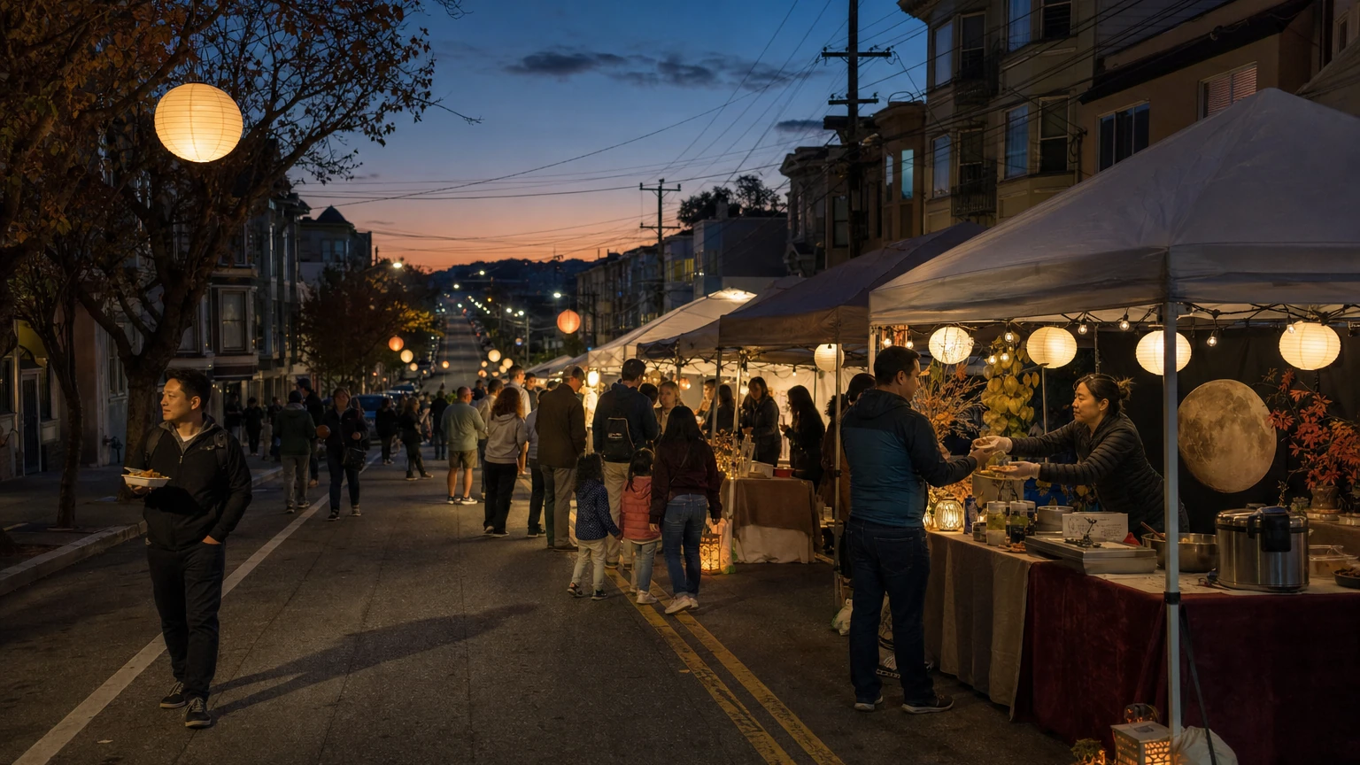 Representative editorial illustration of an evening street market with lanterns and crowds along Irving Street in San Francisco’s Sunset District.