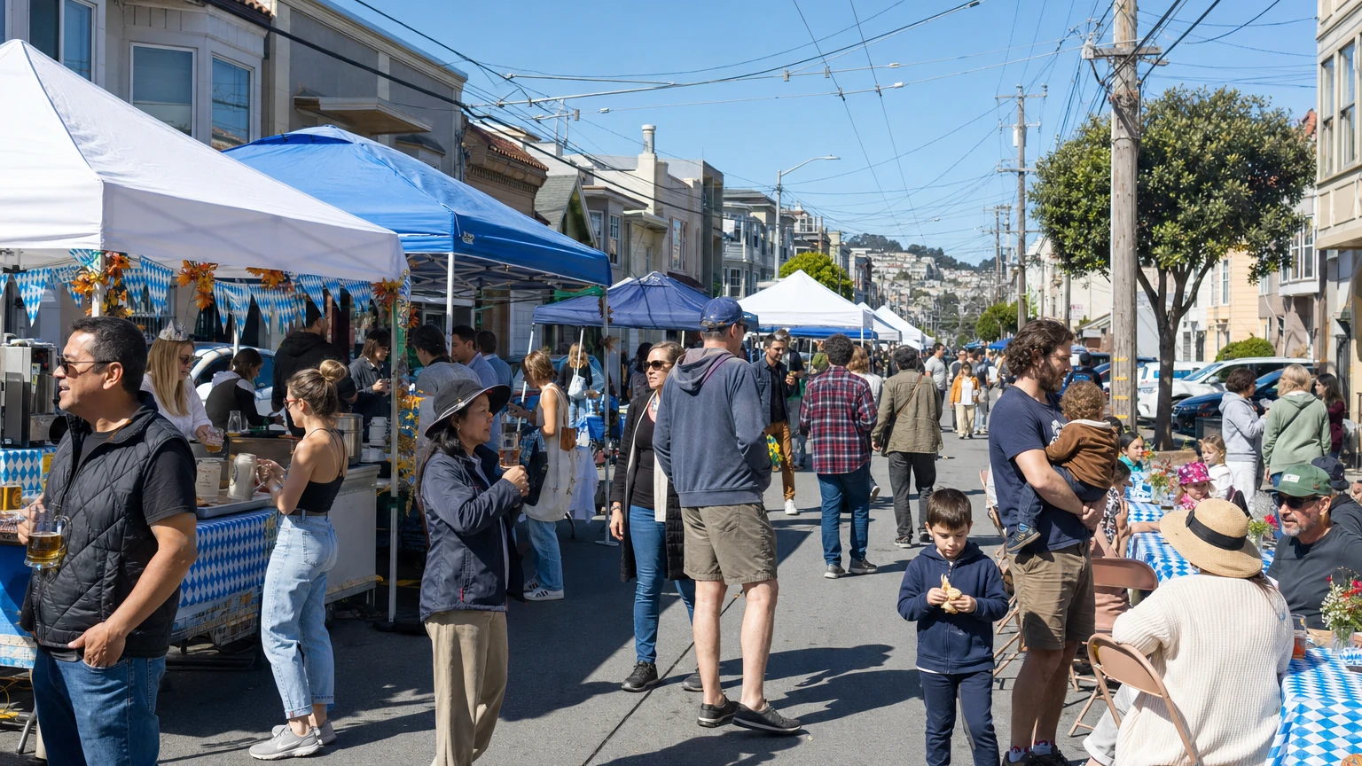 Representative editorial view of a neighborhood block party on Noriega Street in San Francisco’s Sunset District.