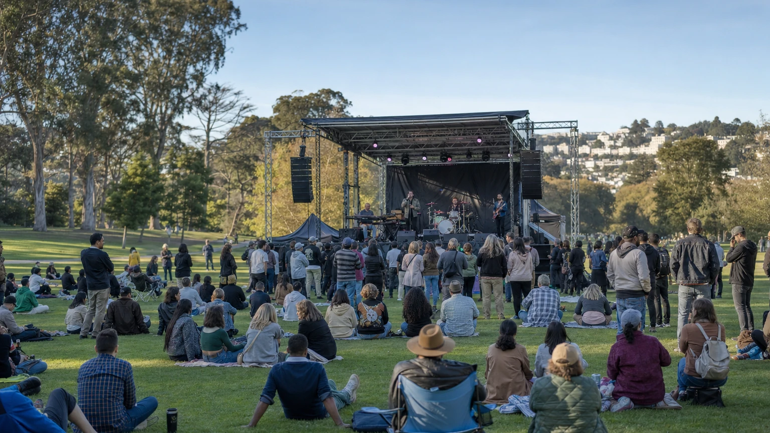 Representative editorial illustration of a large outdoor R&B concert at Robin Williams Meadow in Golden Gate Park.