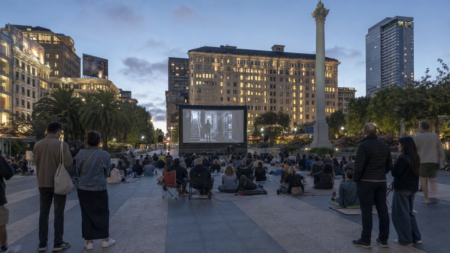 Representative editorial view of an outdoor movie screening in San Francisco’s Union Square at dusk, with low chairs and blankets facing a screen.