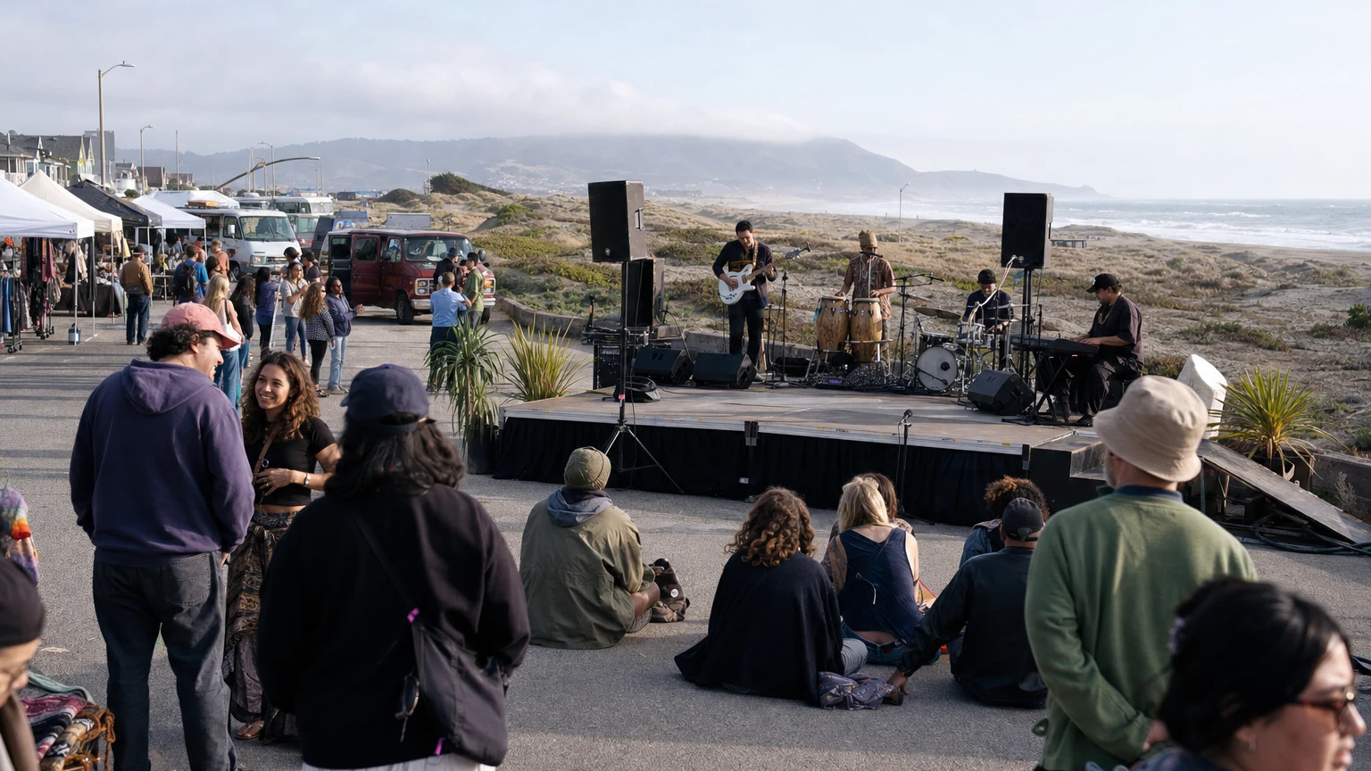 Representative illustration of a free outdoor music festival near Ocean Beach and Taraval Street in San Francisco.