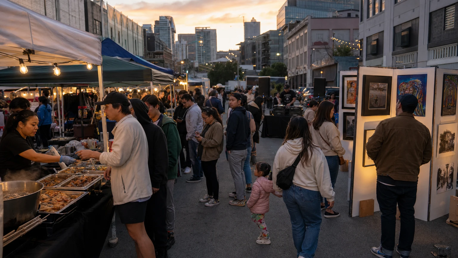 Representative editorial illustration of a Filipino American night market on Ritch Street in San Francisco’s SoMa district.